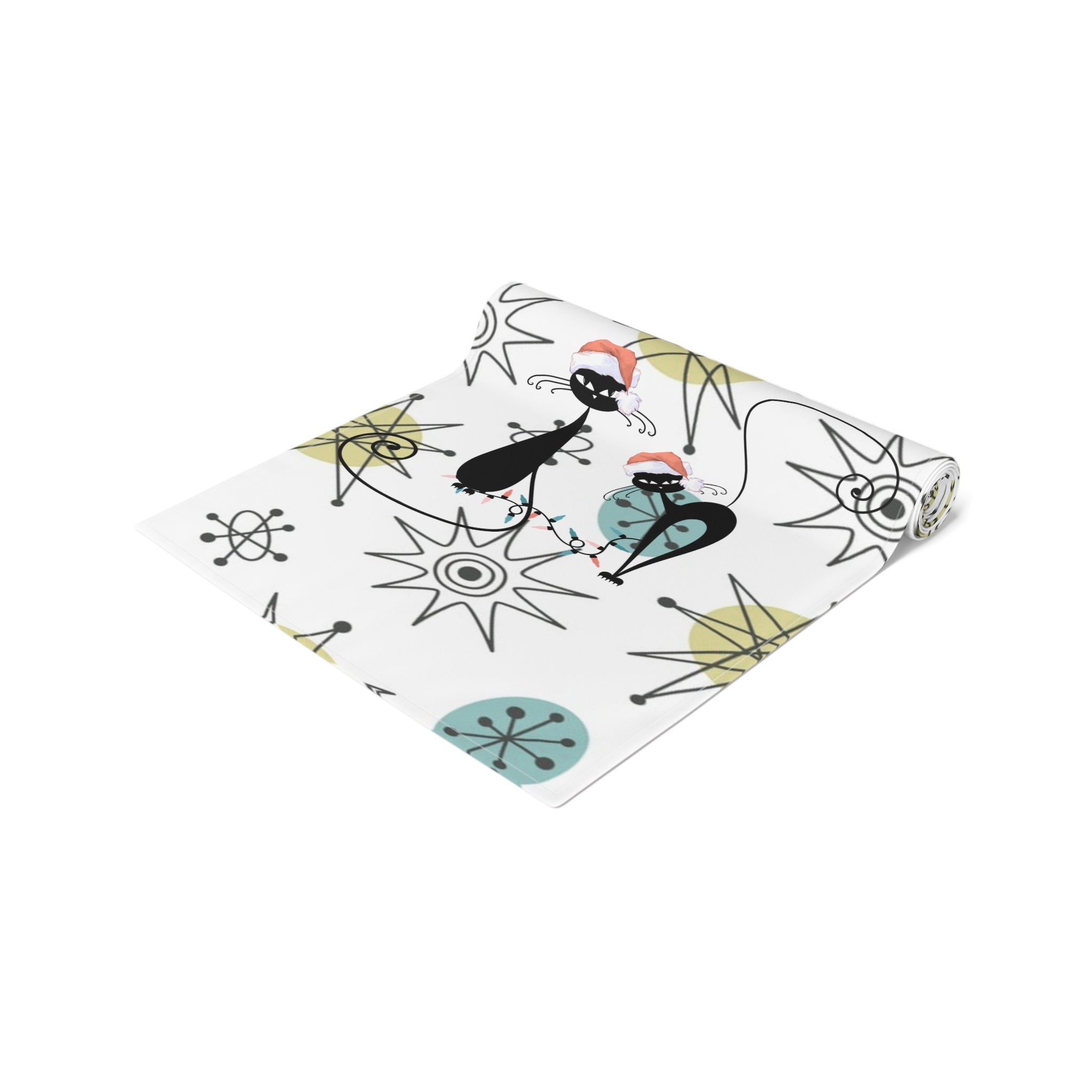Mid Century Modern Franciscan Starburst, Kitschy 50s Atomic Cat Season Greetings Holiday Table Runner - Mid Century Modern Gal