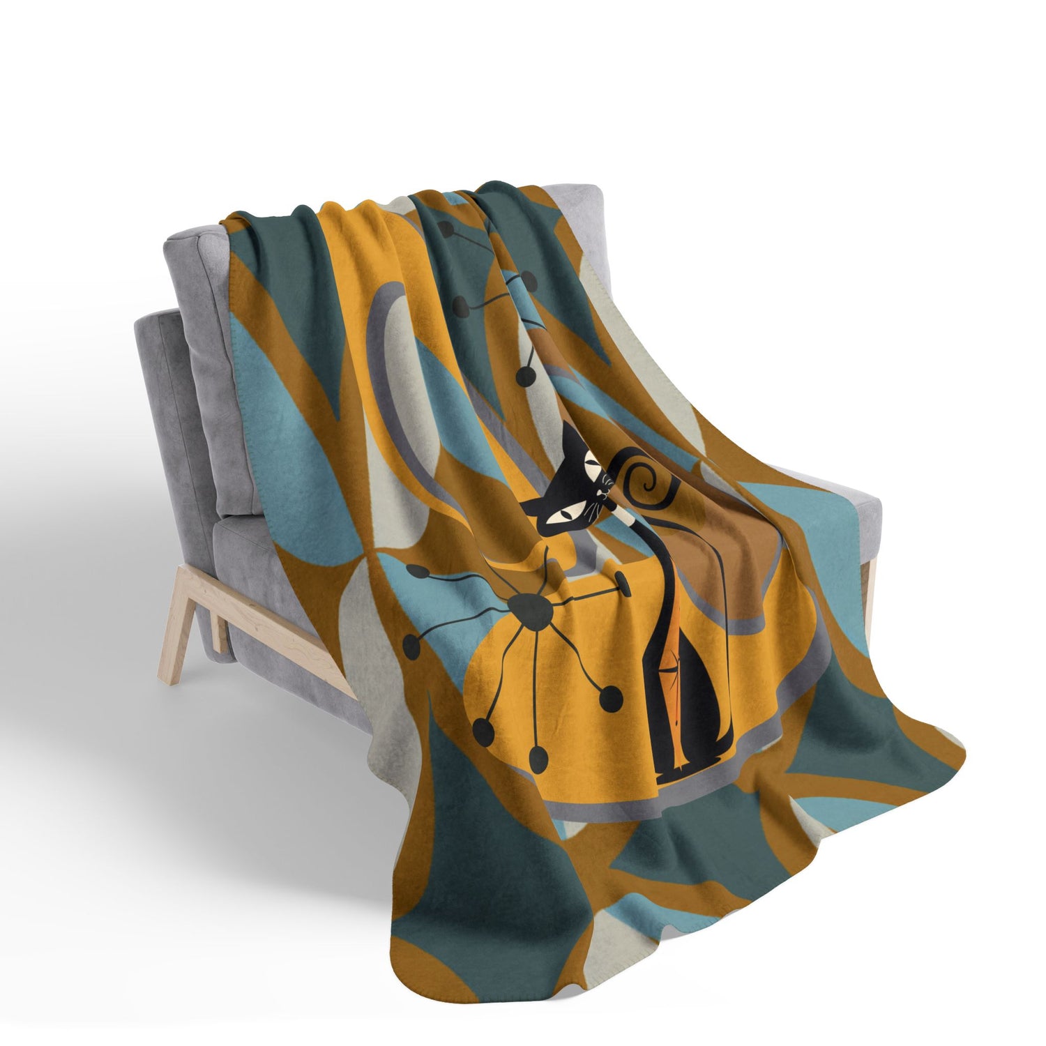 Mid Century Modern Atomic Cat, Retro Diamond Fleece Sherpa Blanket - Mid Century Modern Gal