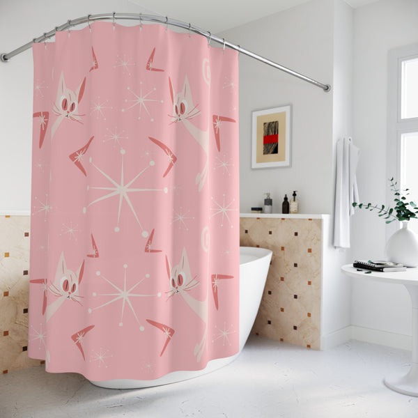 Pink Mid Century Modern Atomic Kittie, Boomerange, Retro MCM Shower Curtain