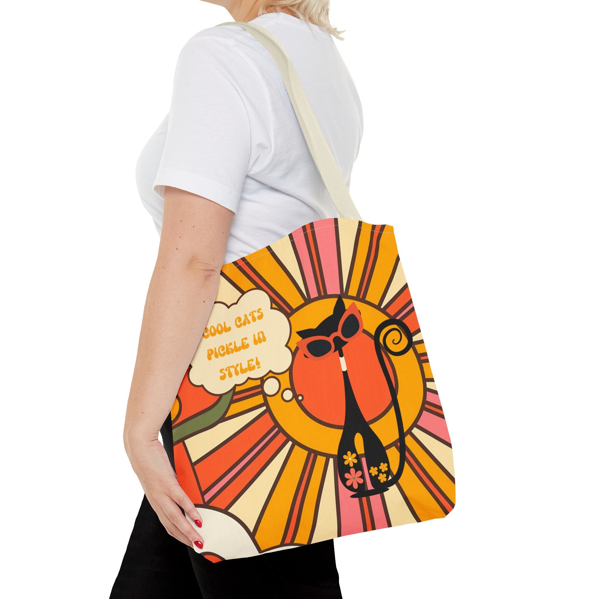Pickleball Player Lover Tote Bag, Retro Groovy Mod Cat - Mid Century Modern Gal