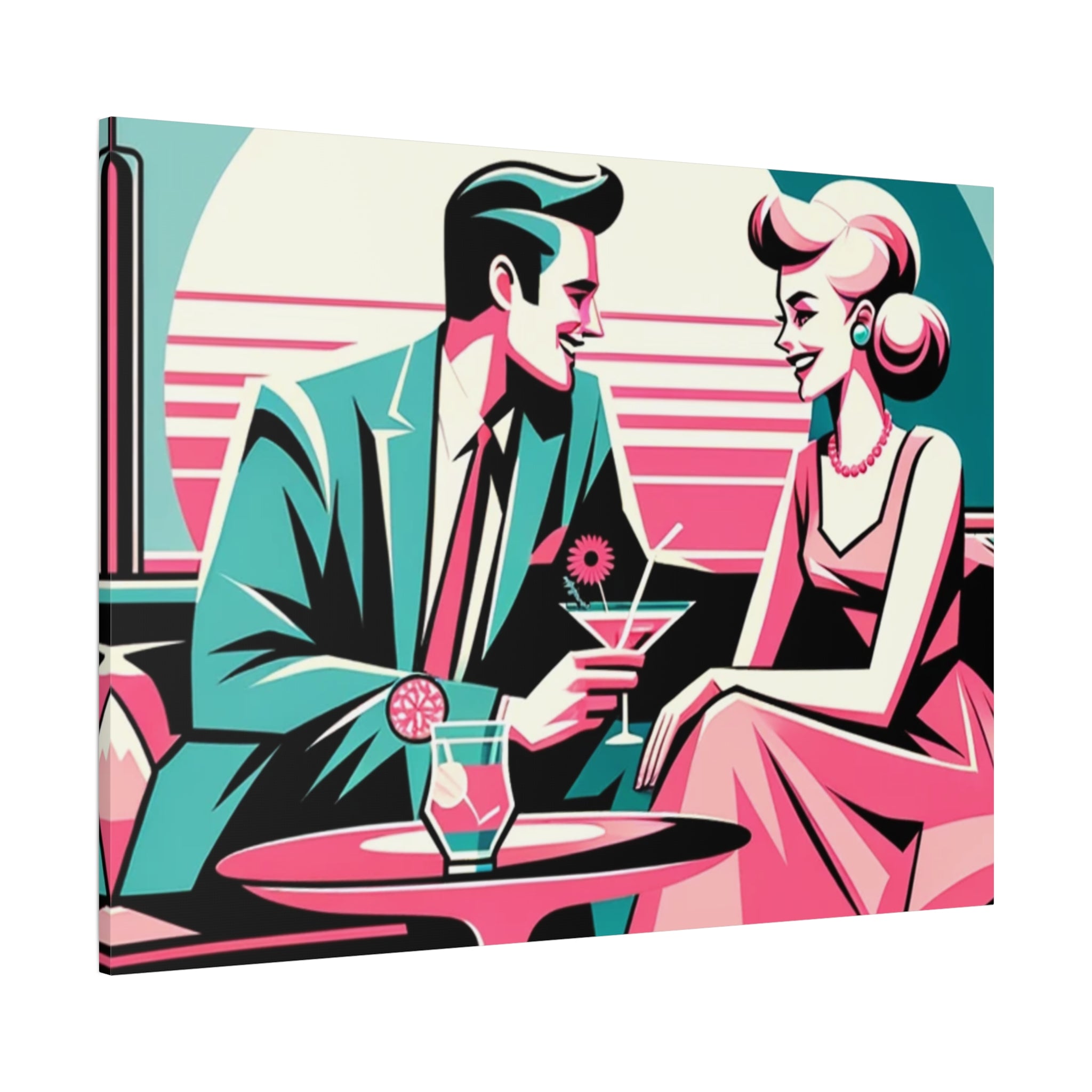 Mid Mod Retro Romance Pink, Aqua Teal Kitschy Mod Wall Art - Vintage Couple Design - Mid Century Modern Gal