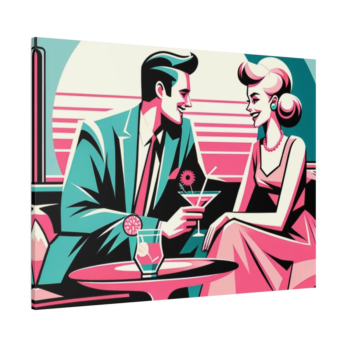 Mid Mod Retro Romance Pink, Aqua Teal Kitschy Mod Wall Art - Vintage Couple Design - Mid Century Modern Gal