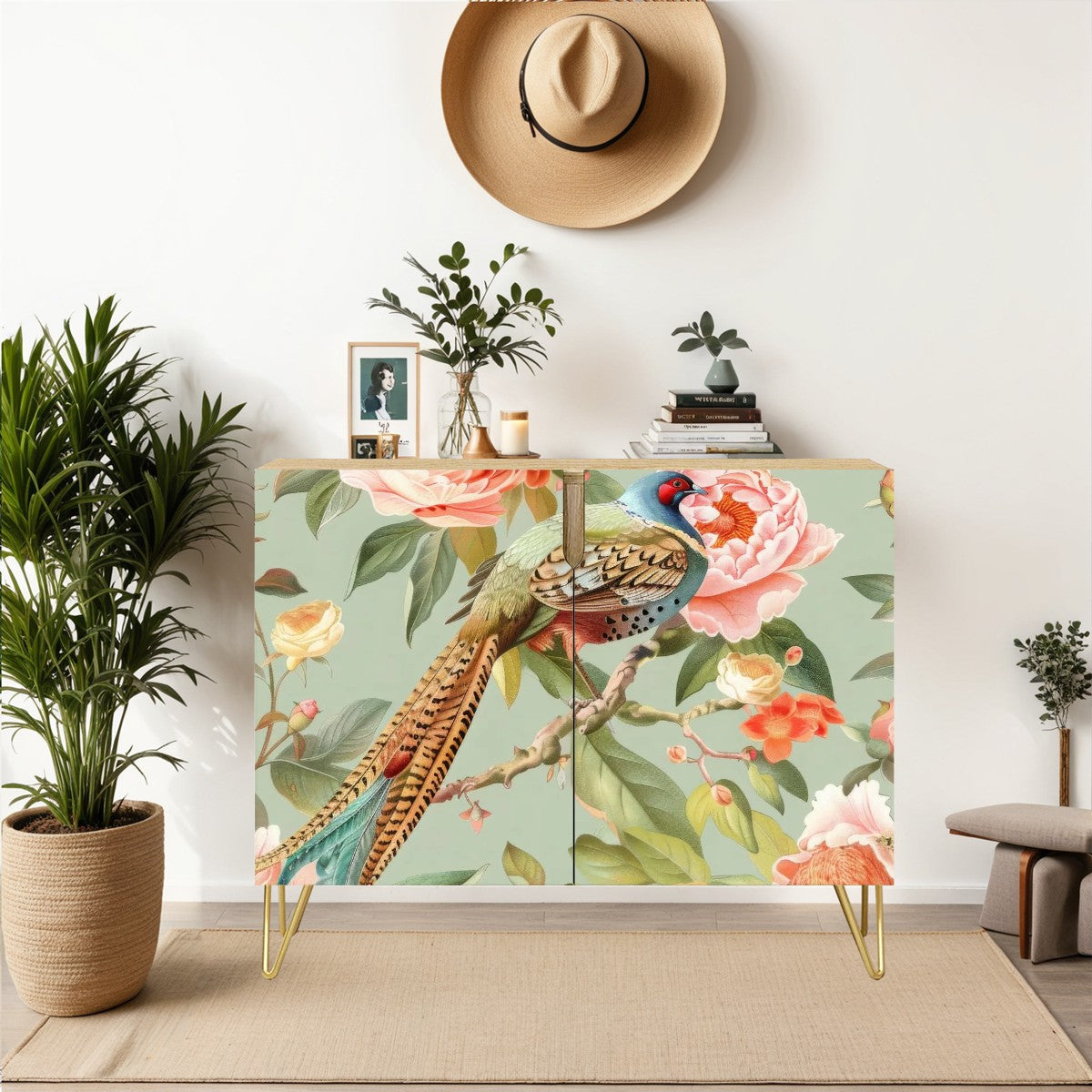 Chinoiserie Floral Pheasant Elegant Green Pink Sideboard Cabinet - Mid Century Modern Gal