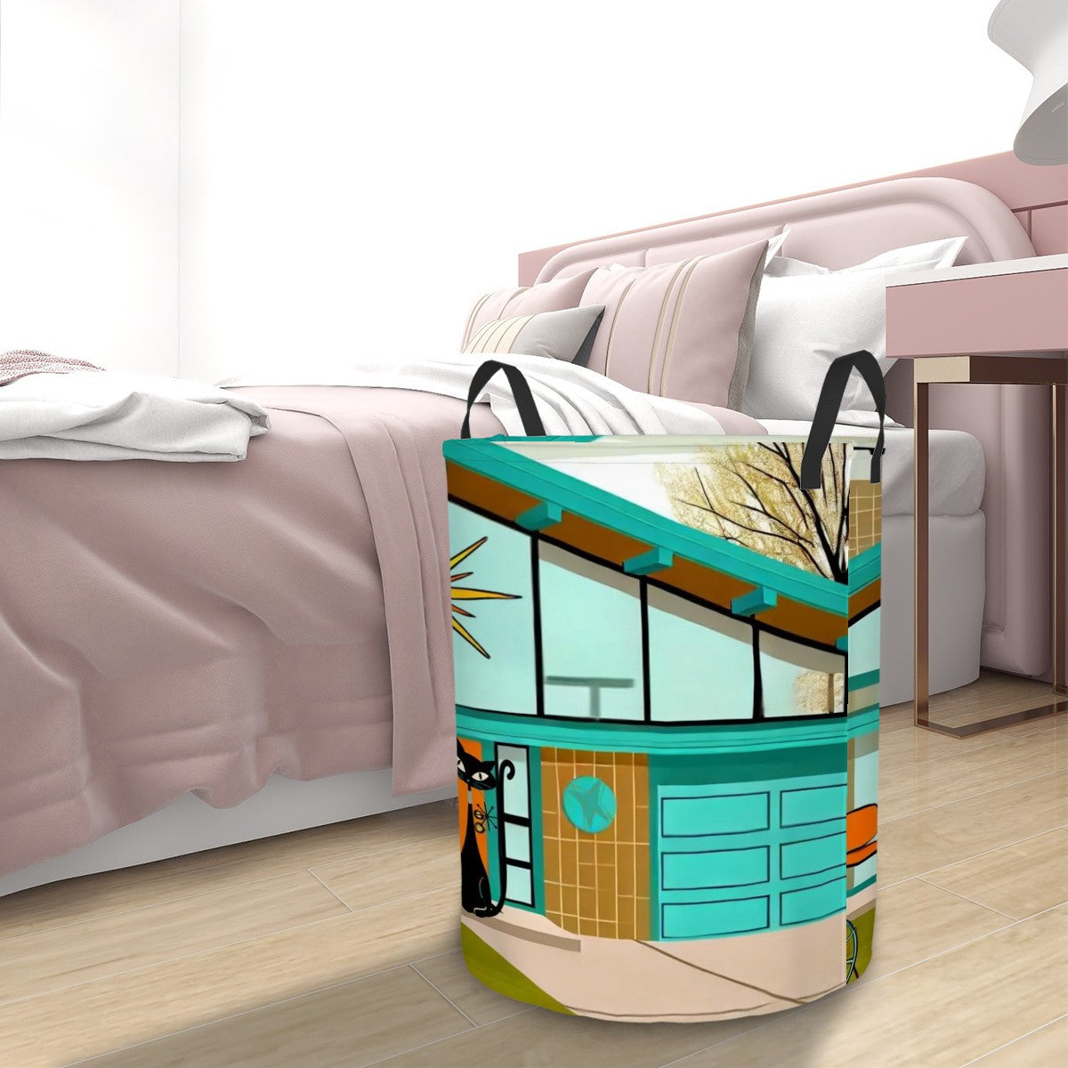 Atomic Cats, Mid Century Modern House Design Kitschy Mod Circular Laundry Basket - Mid Century Modern Gal