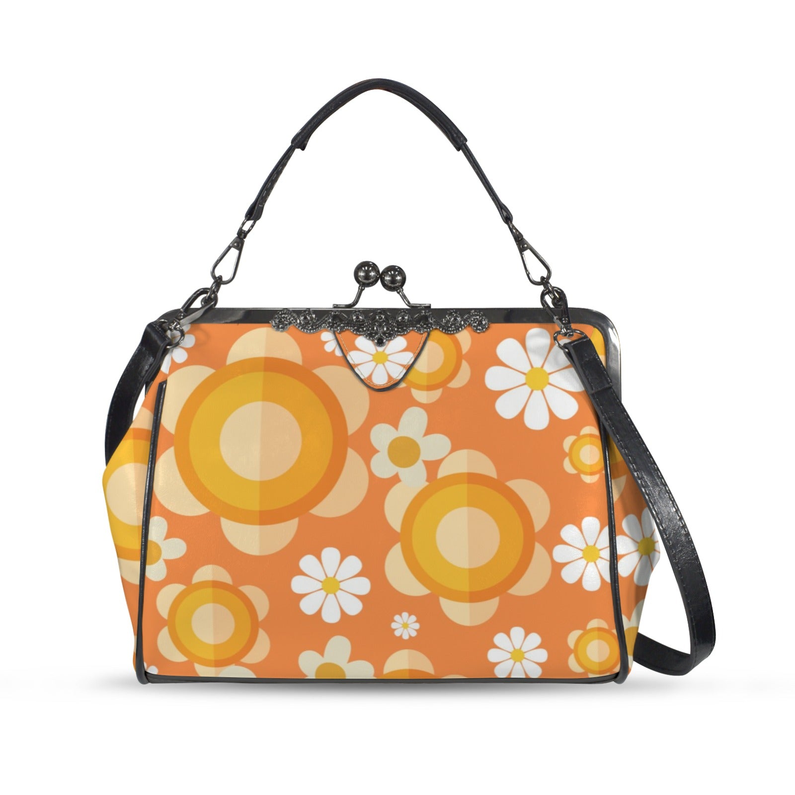 Flower Power Orange Groovy Mod Kisslock Crossbody Purse - Mid Century Modern Gal