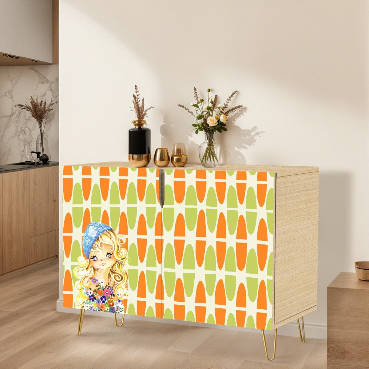 Retro 60s 70s Big Eyed Girl Mid Mod Orange Green Mid Century Modern Wooden Storage Cabinet - Mid Century Modern Gal