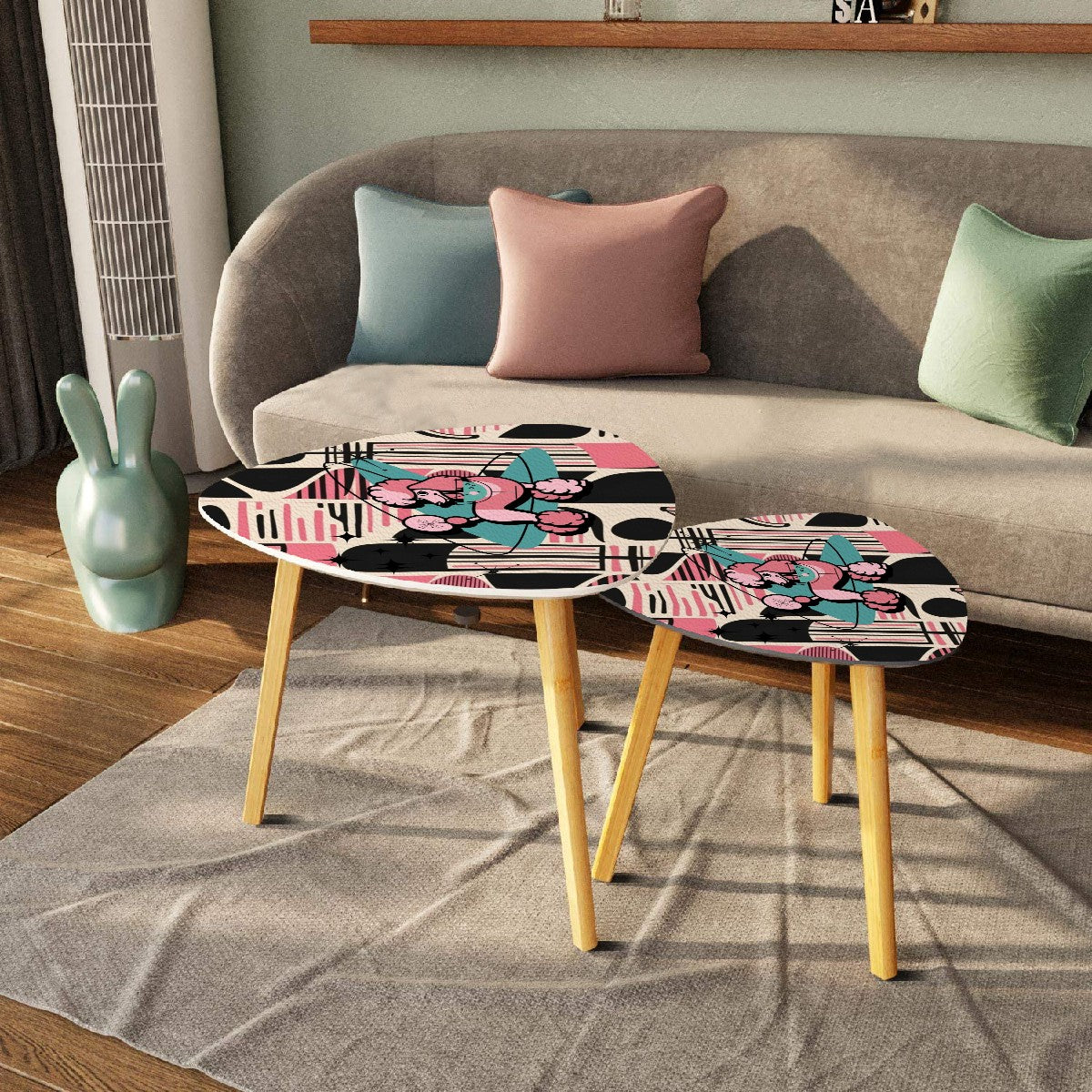 Mid Century Modern Nesting Tables, 50s Poodle, Black Pink Aqua Boomerang Cocktail Side Tables - Mid Century Modern Gal