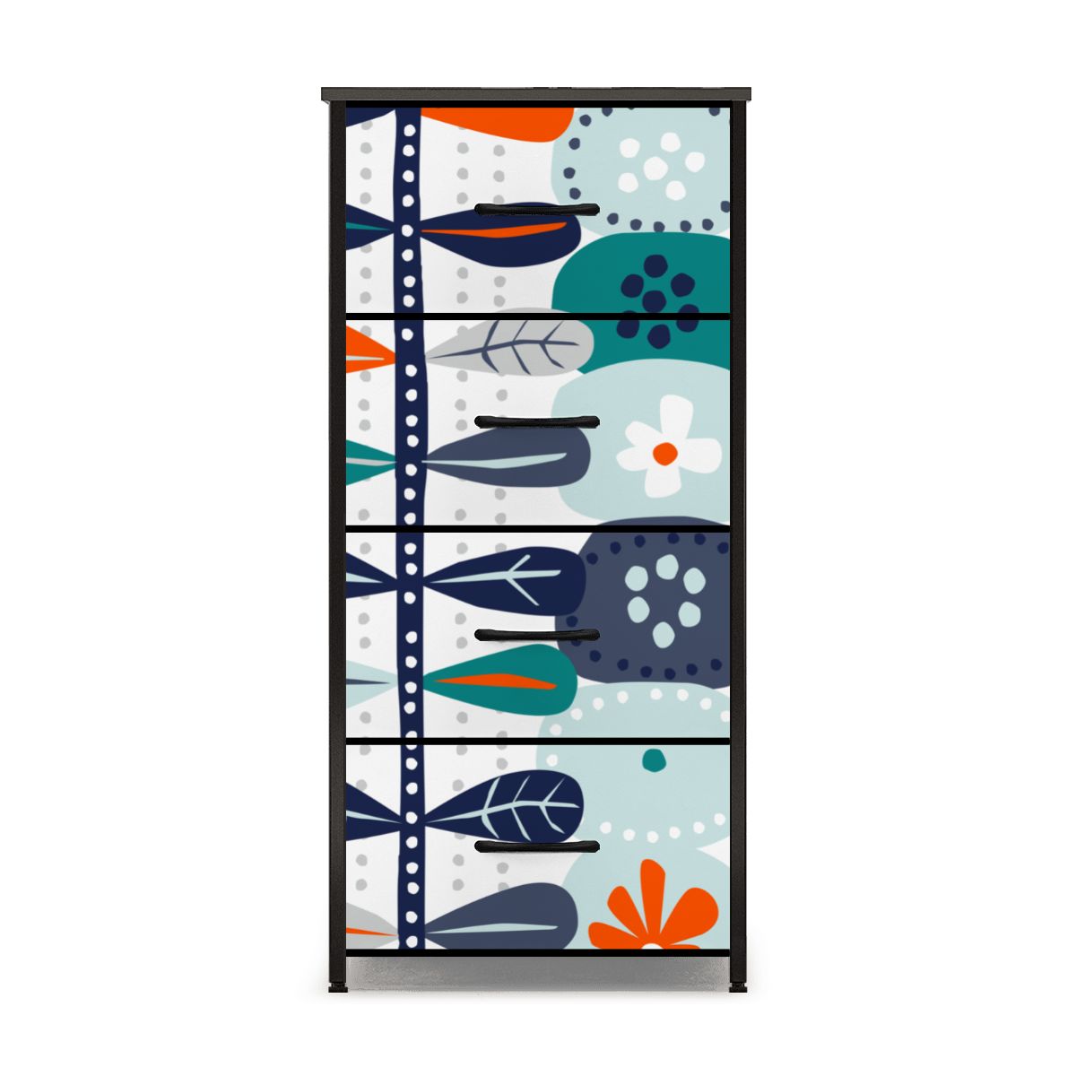Scandinavian Blue Orange White Teal Modern Danish Floral 4-Drawer Dresser - Mid Century Modern Gal