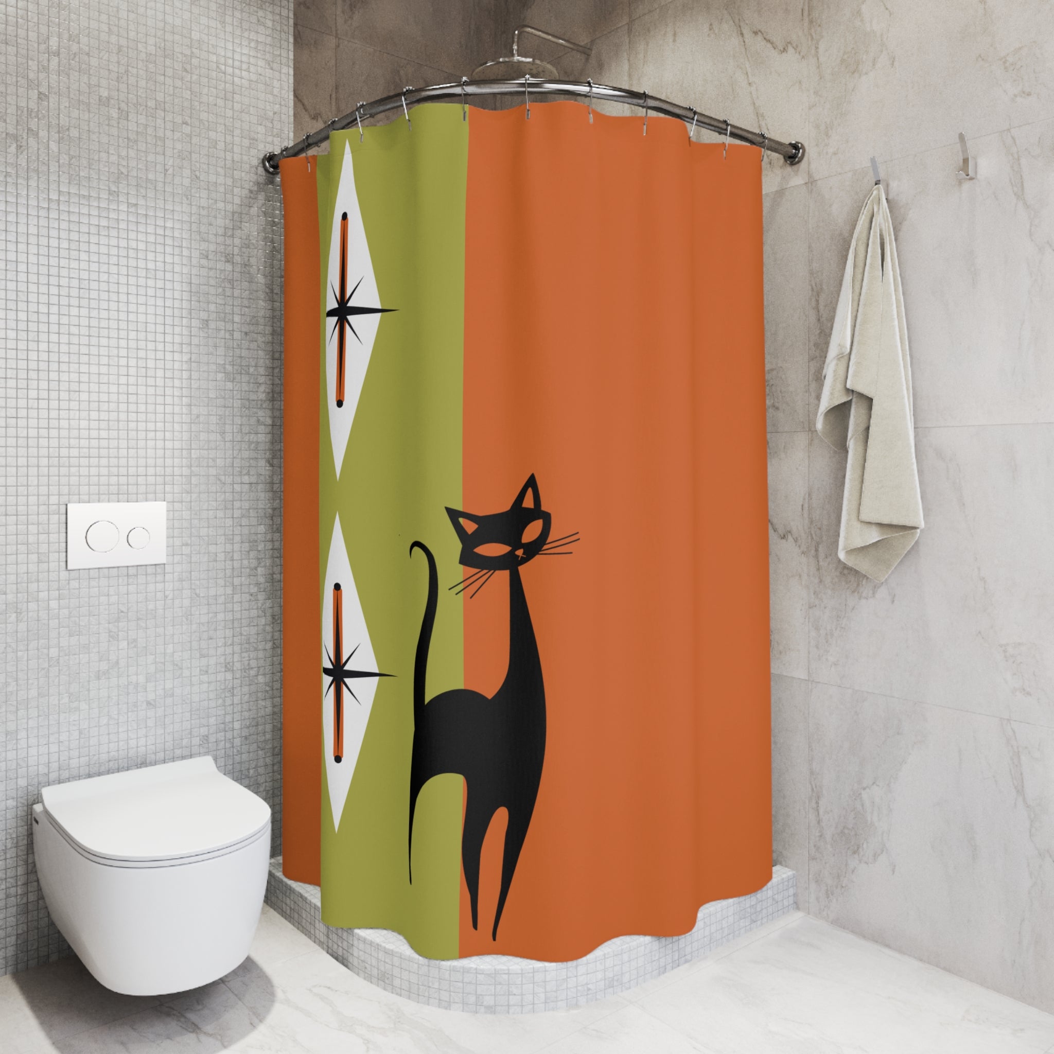 Atomic Cat Shower Curtain, Orange, Green Starburst Shower Curtain – Vintage Mid-Century Design for Cat Lovers - Mid Century Modern Gal