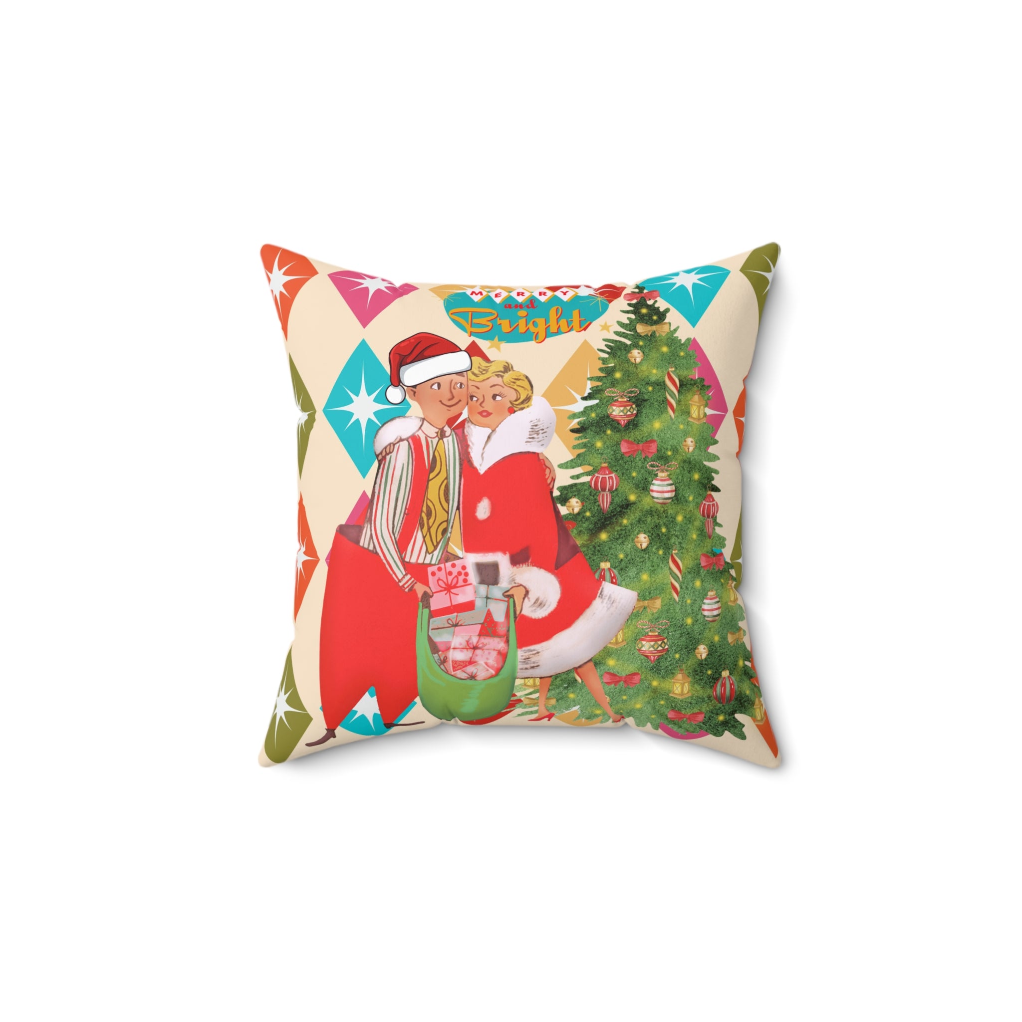 Vintage Christmas Square Pillow – Bright Holiday Decor - Mid Century Modern Gal