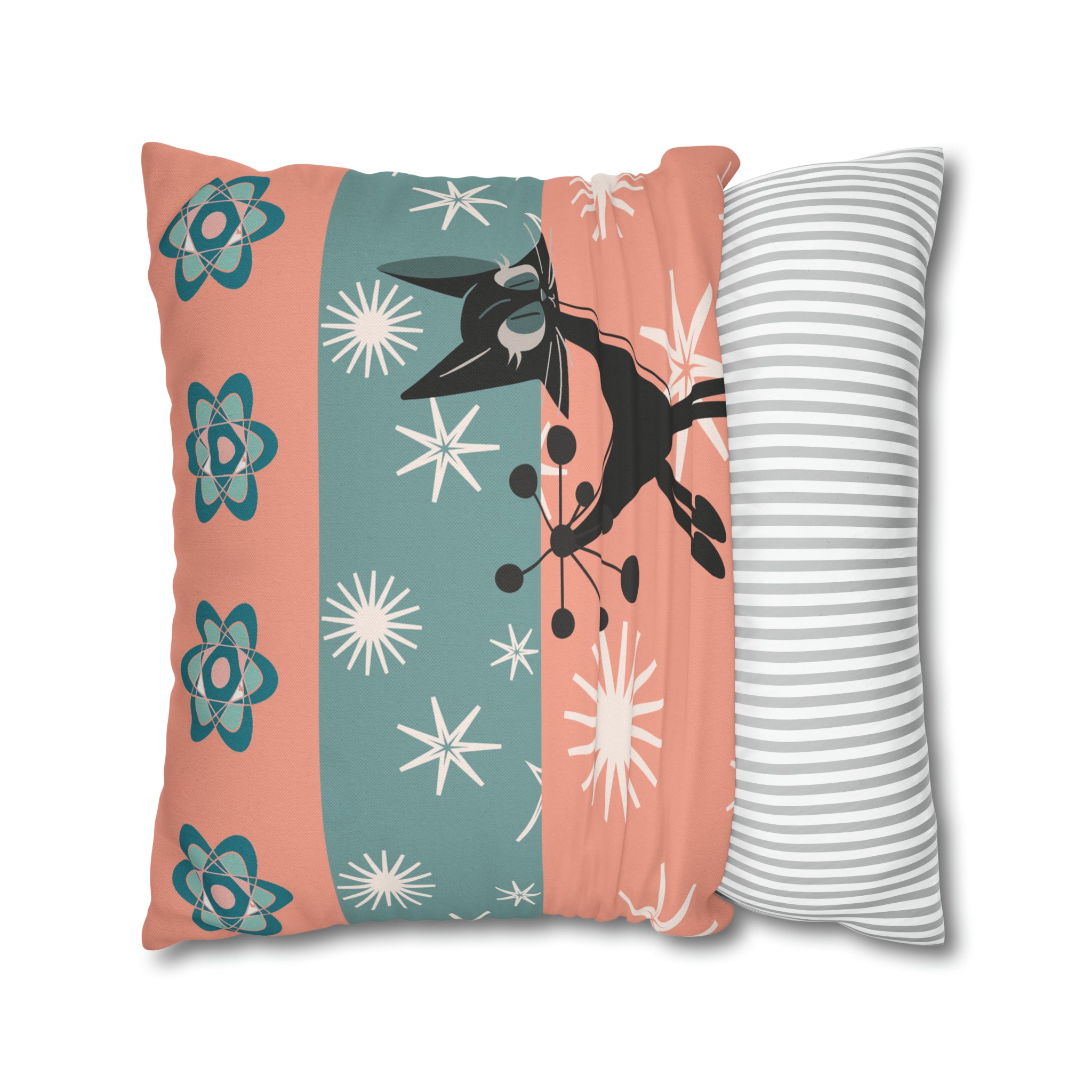 Atomic Kitschy Kittie, Black Cat Lover, Mid Century Modern Boomerang, Retro Coral, Teal, Starburst, 50s Pillow Case Cover - Mid Century Modern Gal