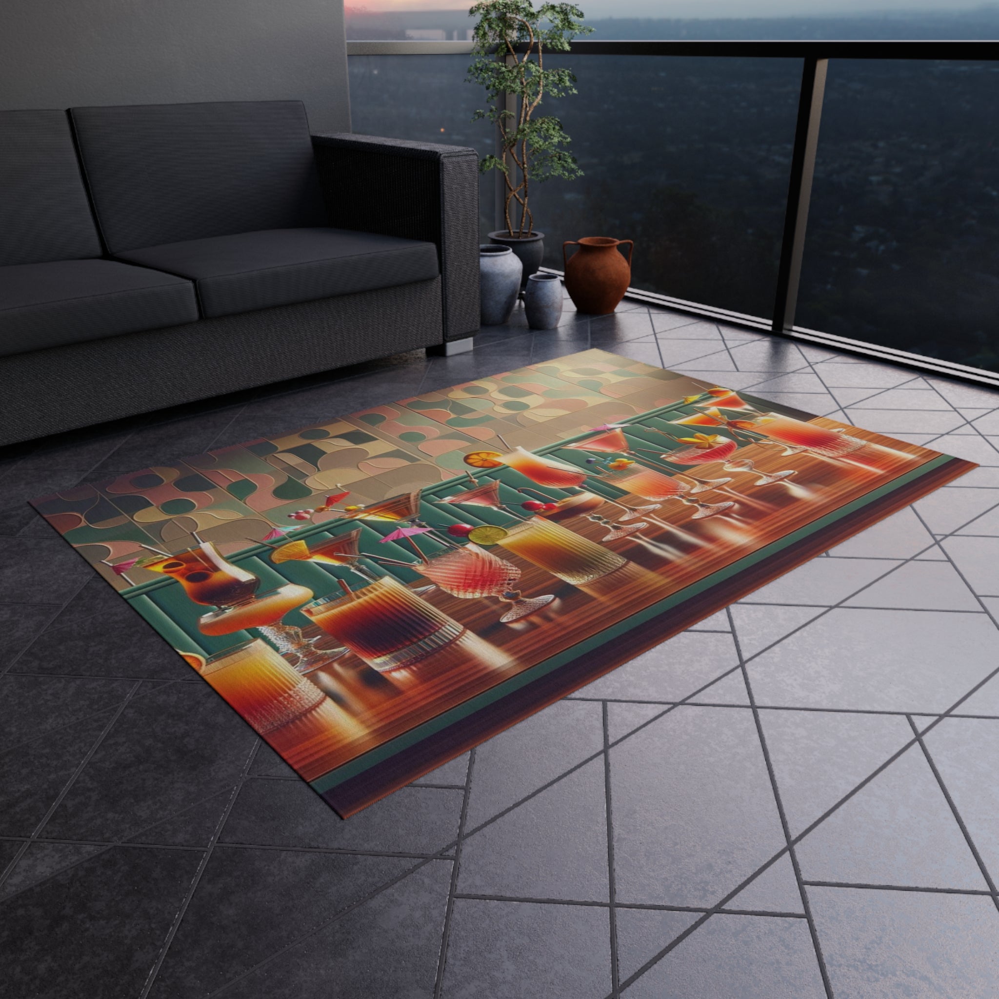 Mid Century Modern Cocktail Rug, Palm Spring Cali Patio Kitschy 50s Style Indoor, Outdoor Rug - Mid Century Modern Gal