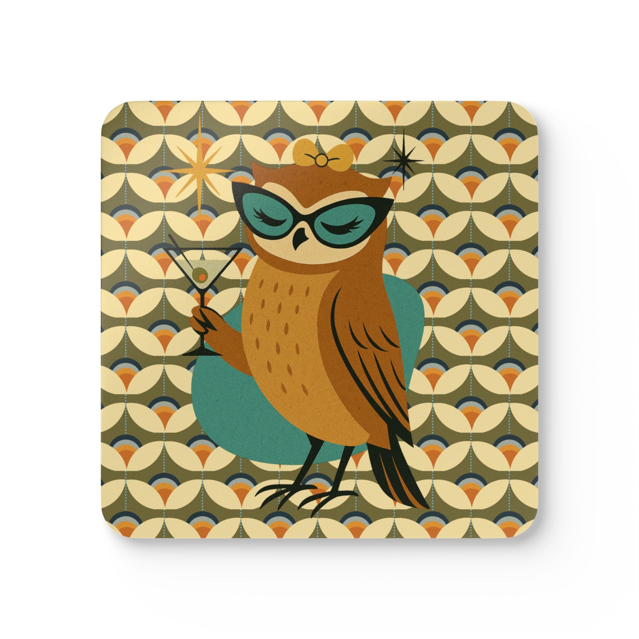 Retro Owl Cocktail Hour, Mid Century Modern Scandinavian Designed MCM Barware Corkwood Coaster Set - Mid Century Modern Gal