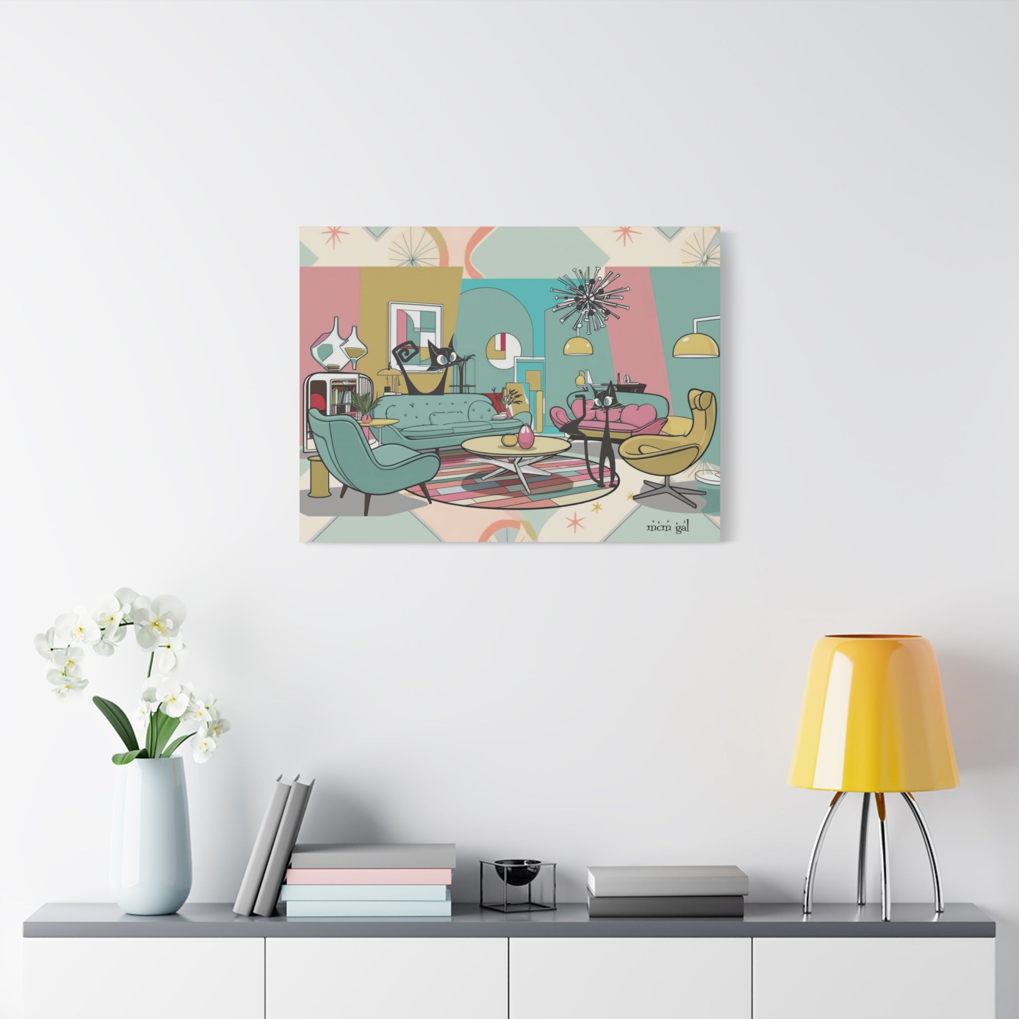 Mid-Century Modern Atomic Cat Kitschy Mod Living Room, Aqua, Pink, Starburst Original Art By MCM GAL - Mid Century Modern Gal