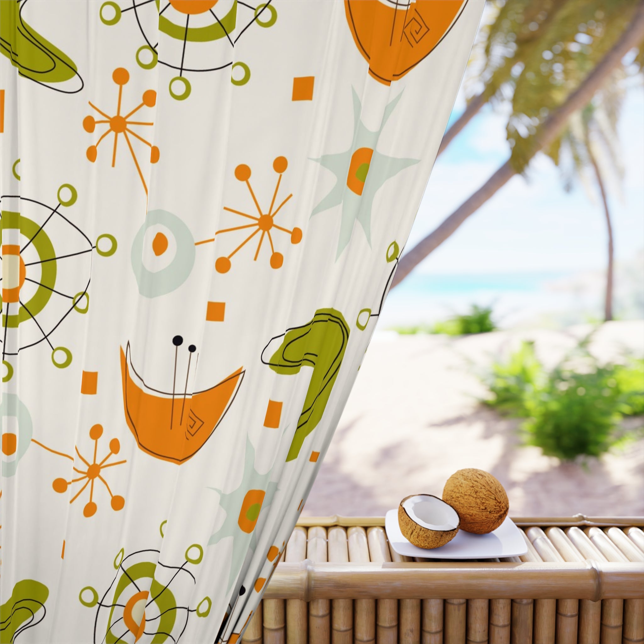 Mid Century Modern Atomic Boomerang Starbursts, Orange Green Retro Modern Window Curtain - Mid Century Modern Gal