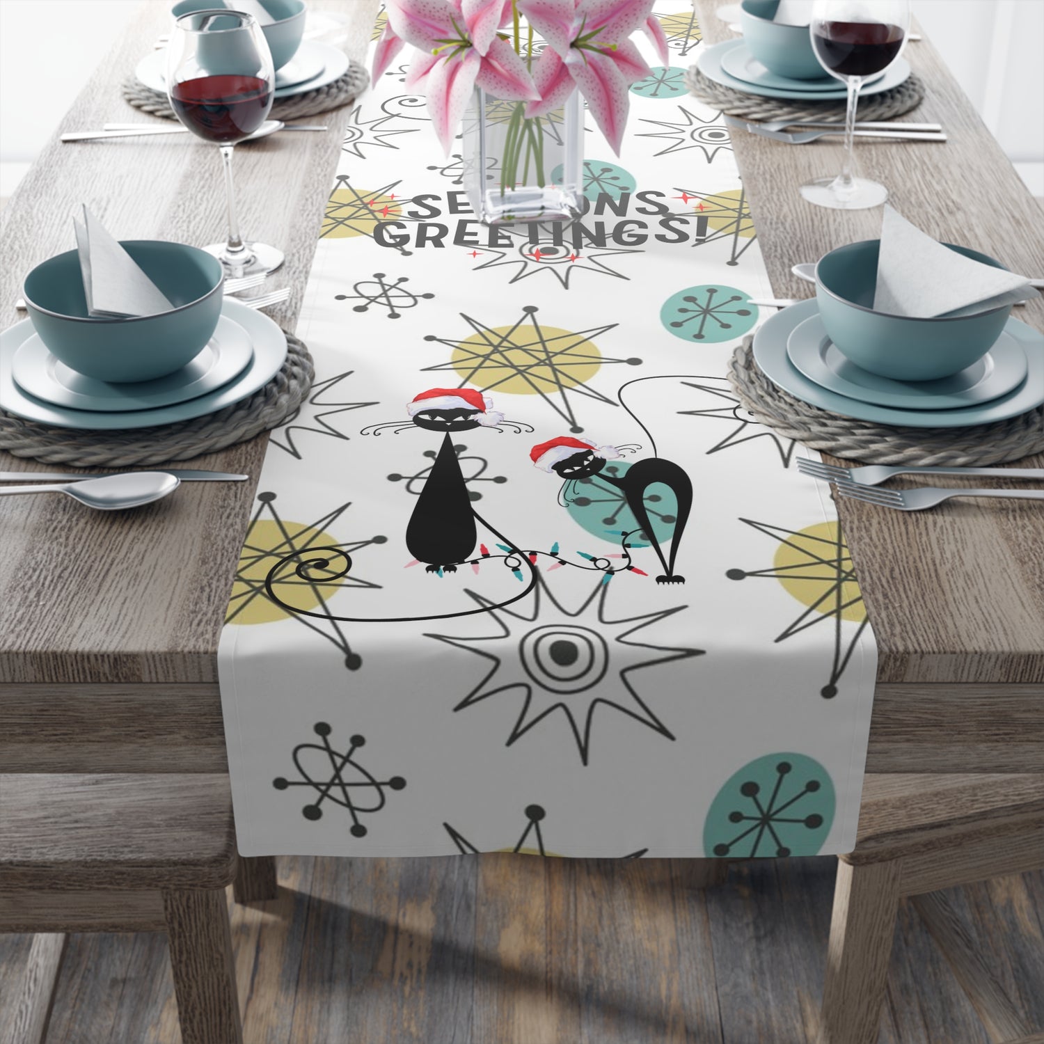 Mid Century Modern Franciscan Starburst, Kitschy 50s Atomic Cat Season Greetings Holiday Table Runner - Mid Century Modern Gal