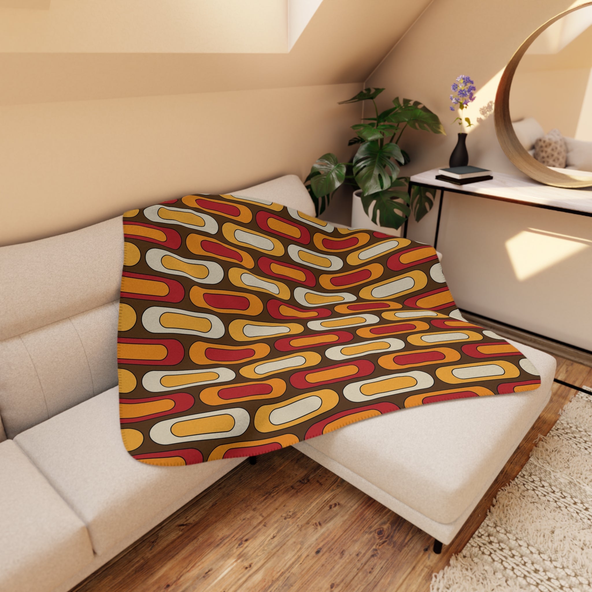 Mid Century Modern Blanket, Geometric Brown, Mustard Yellow, Burnt Red Cozy Retro Tan Sherpa Blanket - Mid Century Modern Gal