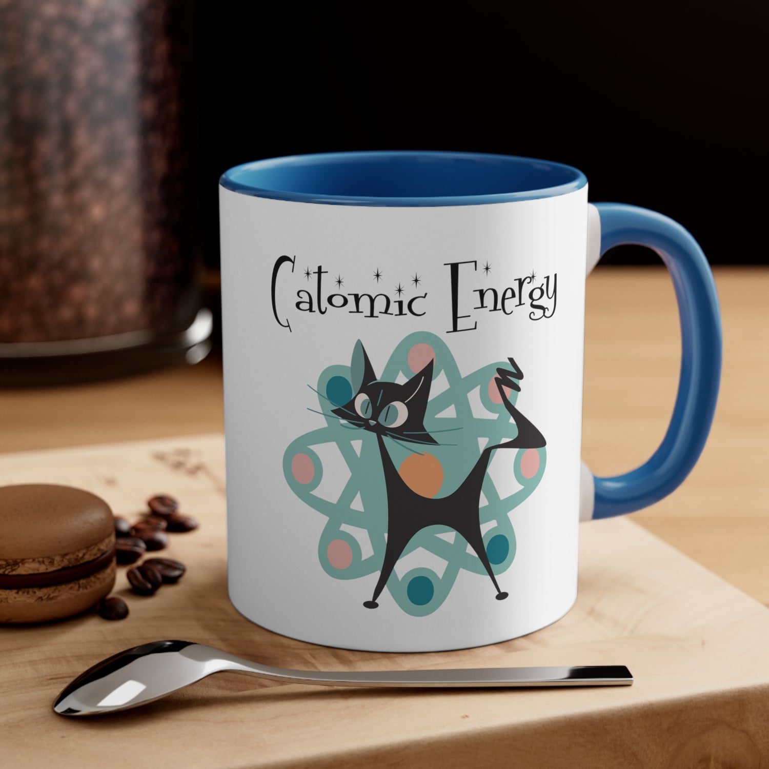 Atomic Cat Coffee Mug, Funny, Quirky Mid Century Modern Atom, Space Age Catomic Energy Coffee Lover Coffee Mug Gift - Mid Century Modern Gal