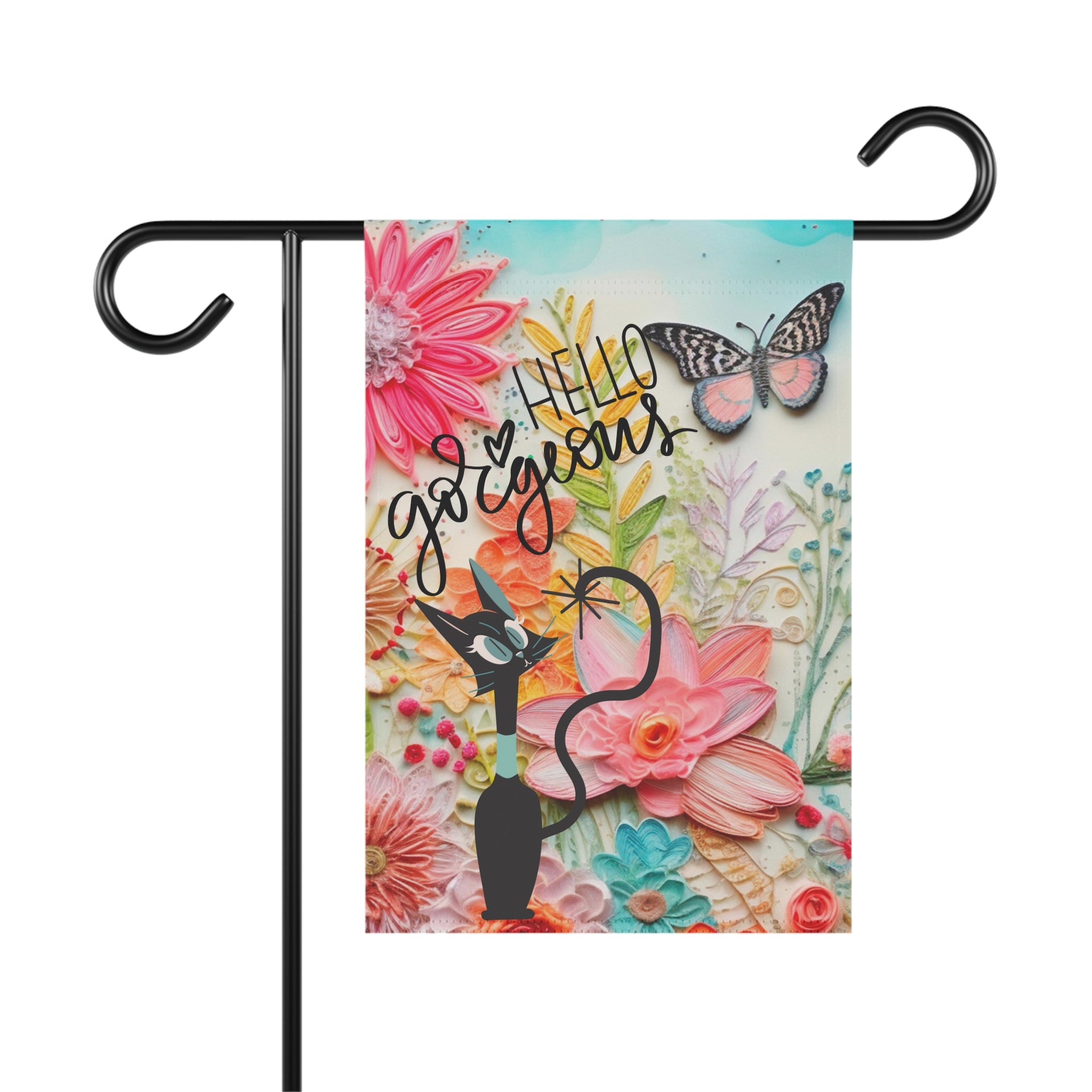 Boho Butterfly Garden Flag, 3D Art, Atomic Kitty Spring Summer Outdoor Welcome Flag - Mid Century Modern Gal