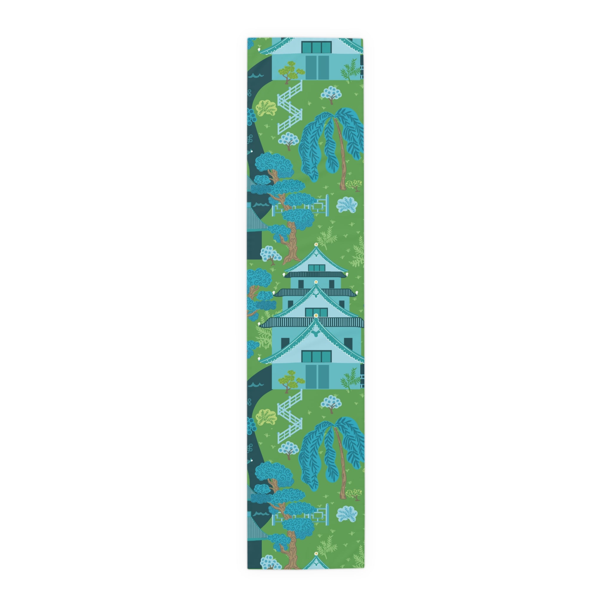 Chinoiserie Pagoda Blue, Green Tranquil Asian Inspired Table Setting Runner - Mid Century Modern Gal