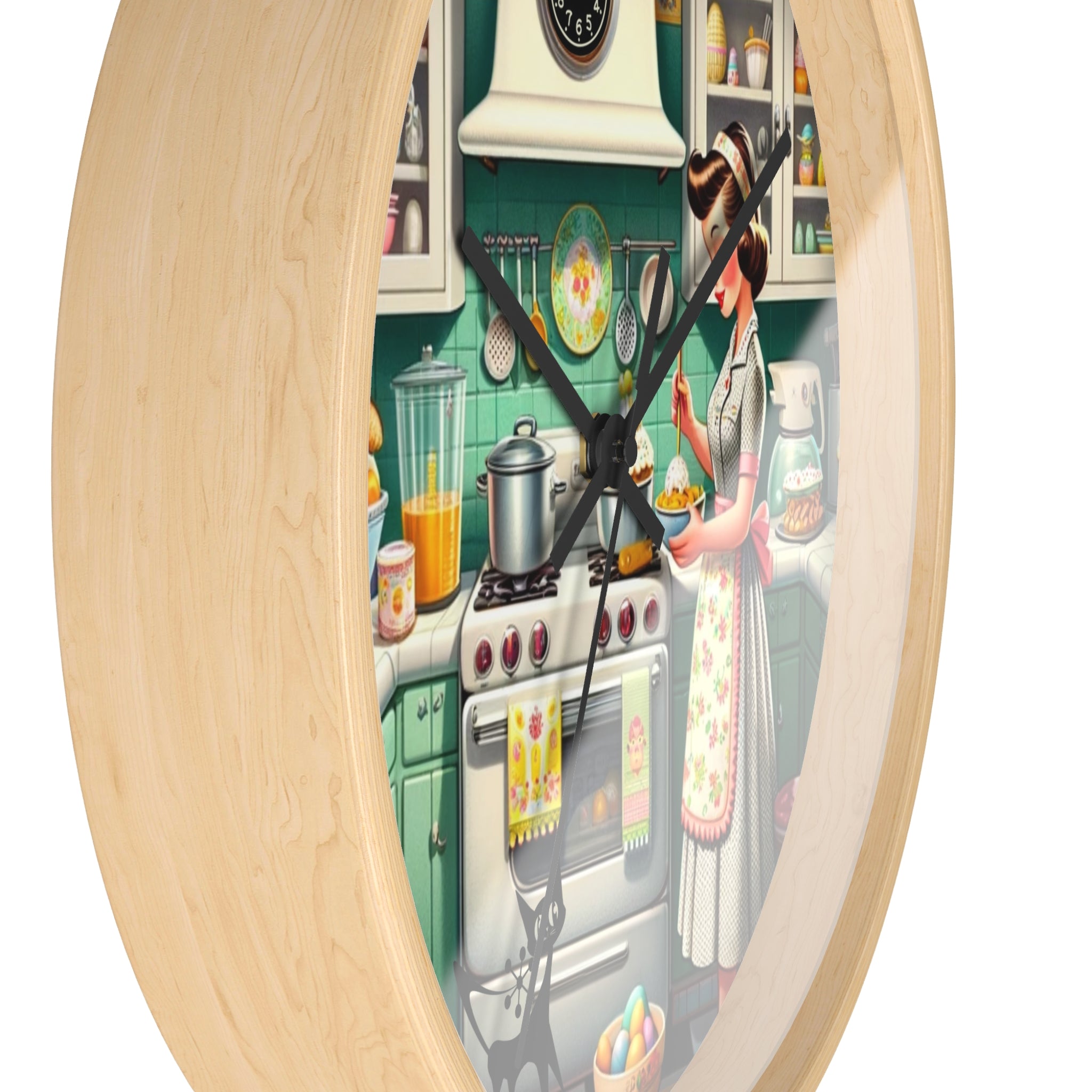 Vintage Kitschy Designed Mid Mod Gal Atomic Cat, Spring Wall Clock with Retro Cooking Design - Mid Century Modern Gal