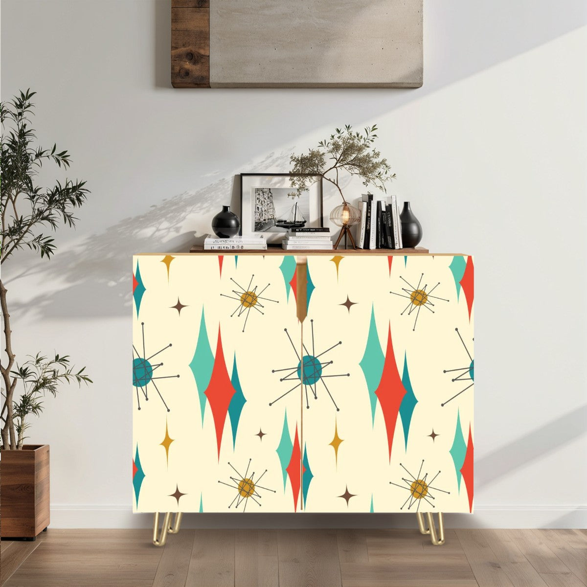 Mid Century Modern Atomic Franciscan Starbursts MCM Wooden Storage Cabinet - Mid Century Modern Gal