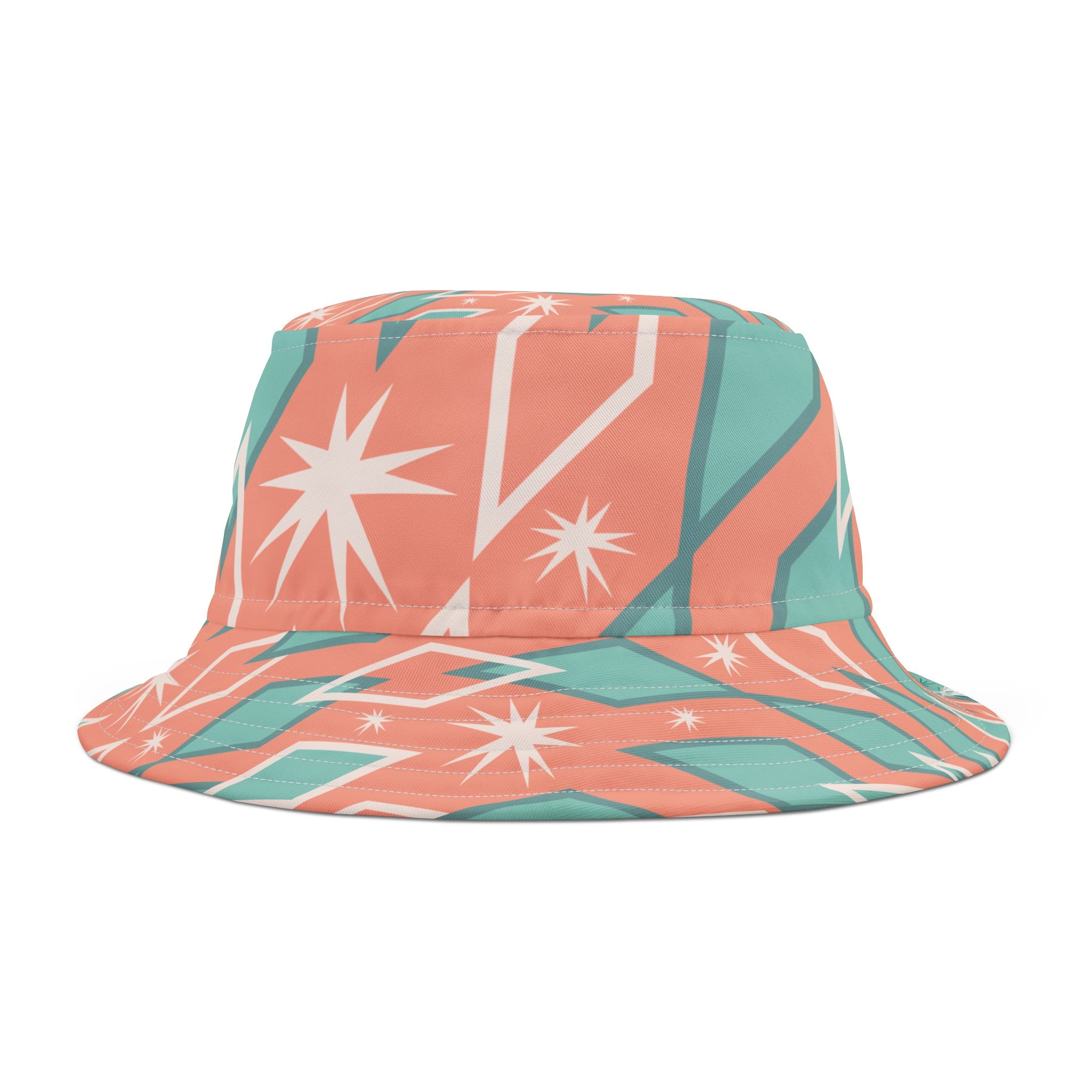 Atomic Kittie Cats, Coral, Aqua, Kitschy Cute Summer Mid Mod Retro Bucket Hat - Mid Century Modern Gal