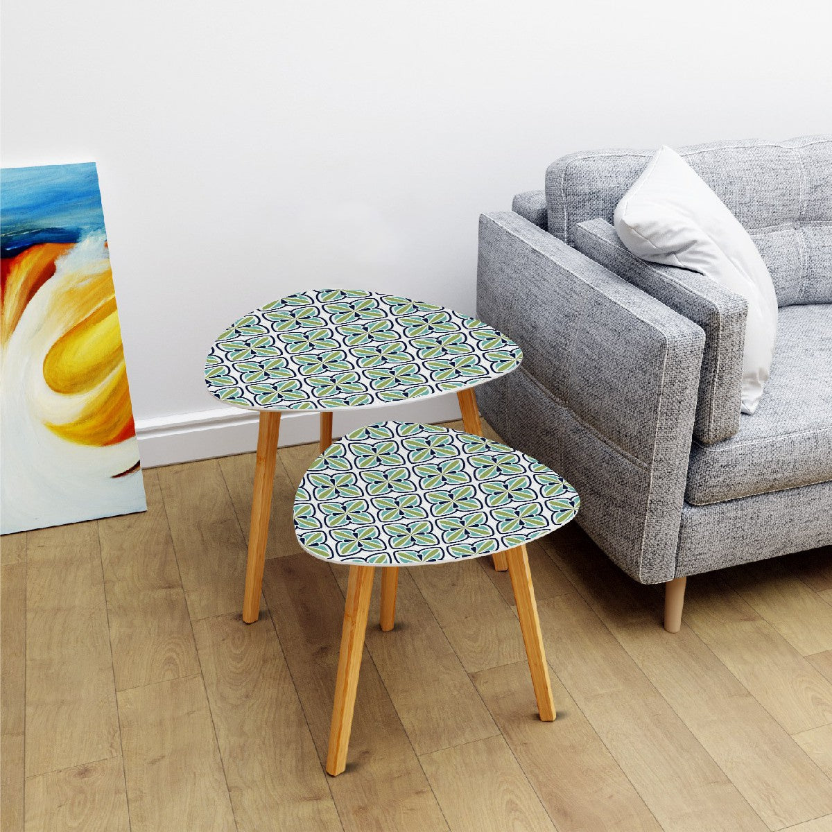 Modern Danish Scandinavian Blue, Green White MCM Nesting Tables - Mid Century Modern Gal