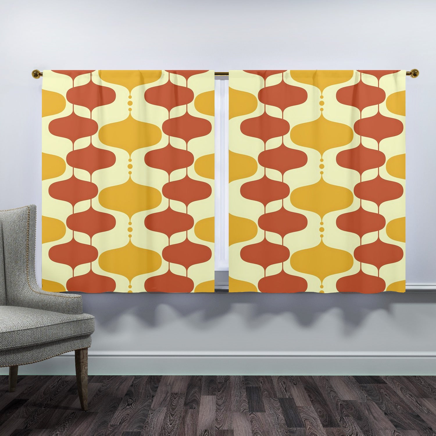 Mid Century Modern Mustard Yellow, Burnt Orange, Googie Designed Window Curtains (two panels) - Mid Century Modern Gal