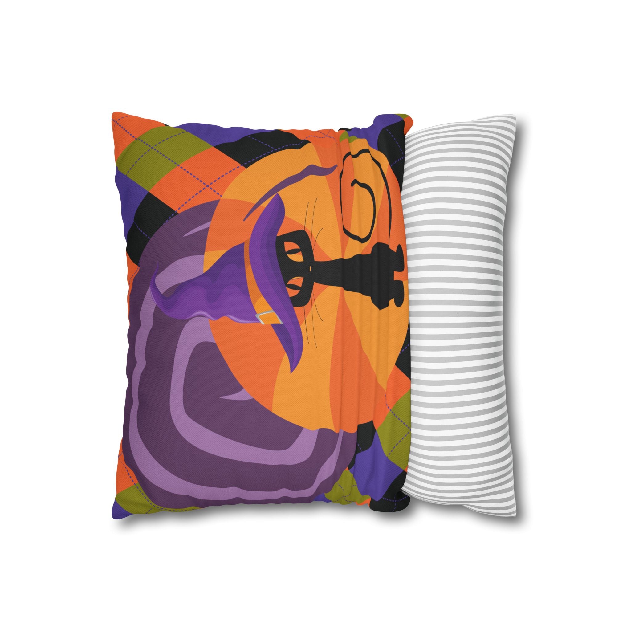 Atomic Cat Harlequin Pattern Orange Purple Black, Kitschy Halloween Pillow Cover - Mid Century Modern Gal