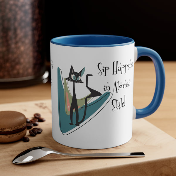 Atomic Cat, Mid Century Modern Drinkware, Coffee Mug, Sip Happens, Retro Boomerang, Kitschy Funny Coffee Lover Gifts