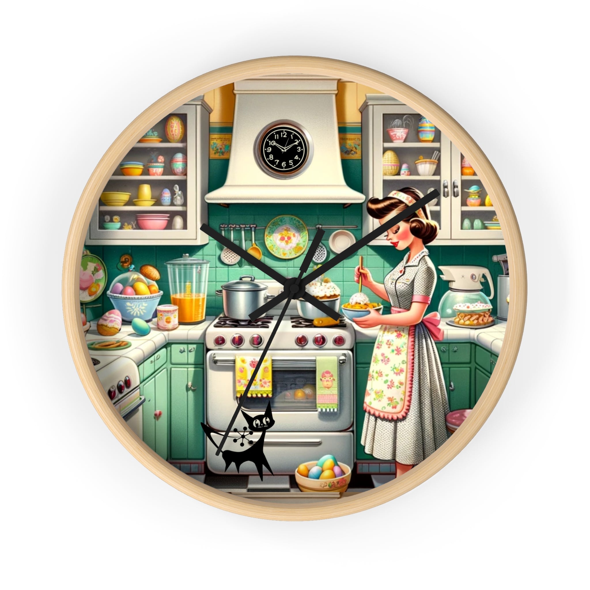 Vintage Kitschy Designed Mid Mod Gal Atomic Cat, Spring Wall Clock with Retro Cooking Design - Mid Century Modern Gal
