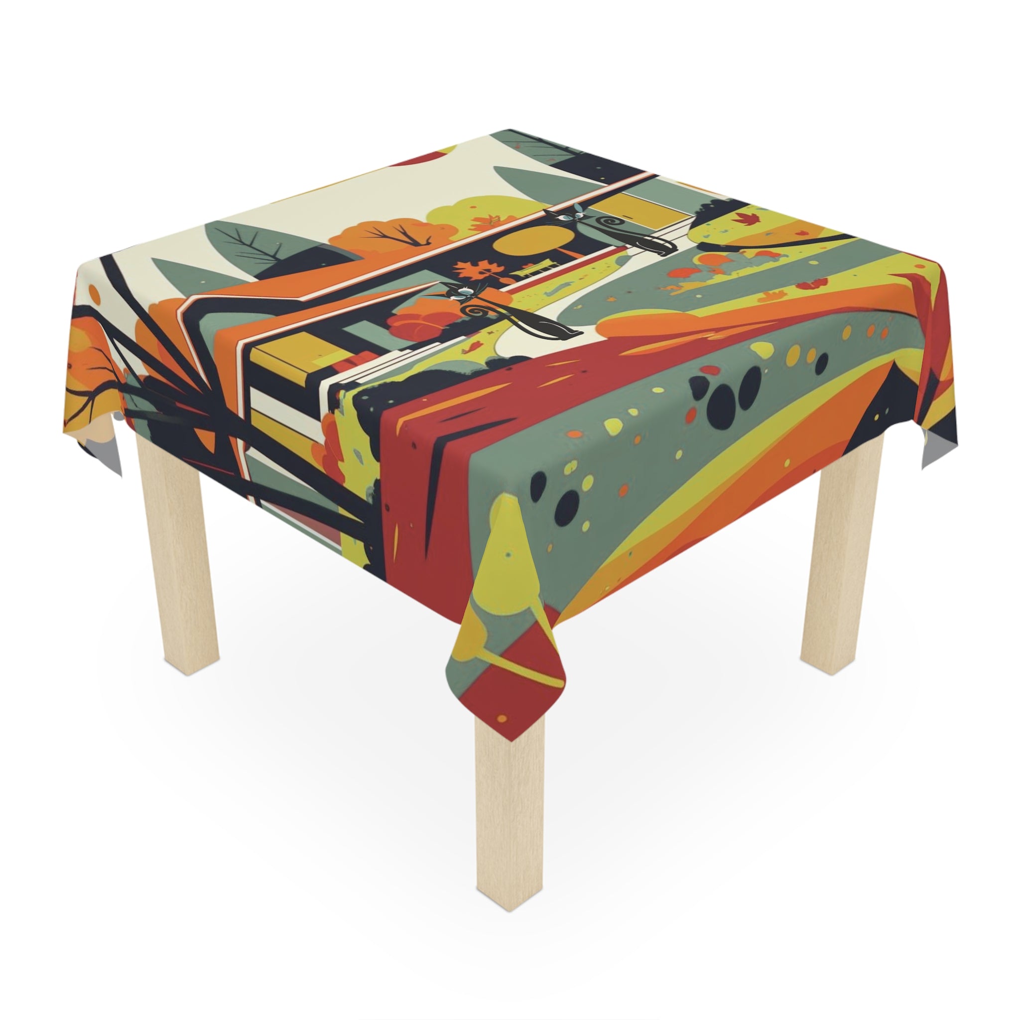 Scandinavian Fall Mid Century Modern Atomic Cat Kitschy Mod Seasonal Tablecloth - Mid Century Modern Gal