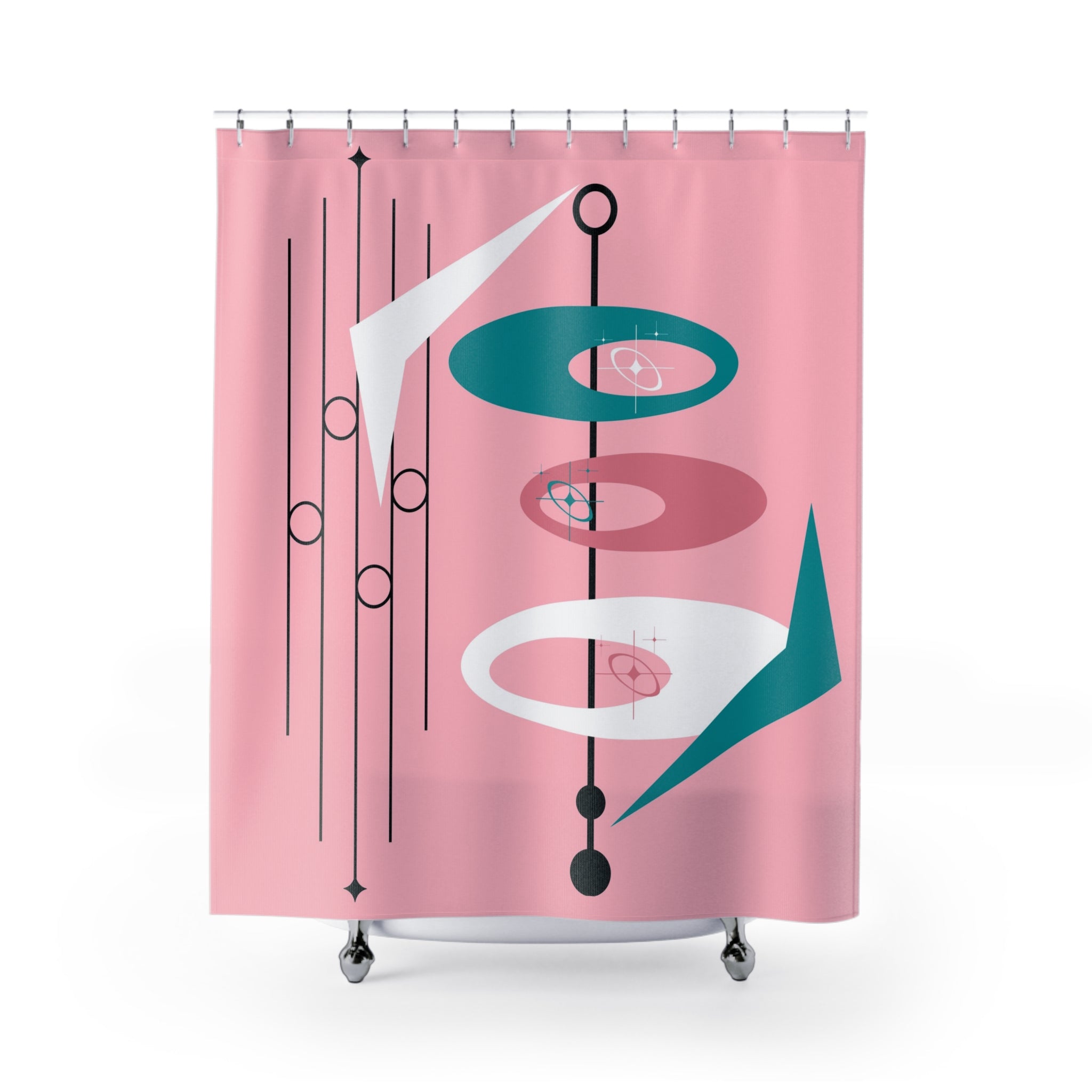 Mid-Century Modern Atomic Pink, Teal, White Retro Shower Curtain - Retro Pink & Teal Design - Mid Century Modern Gal