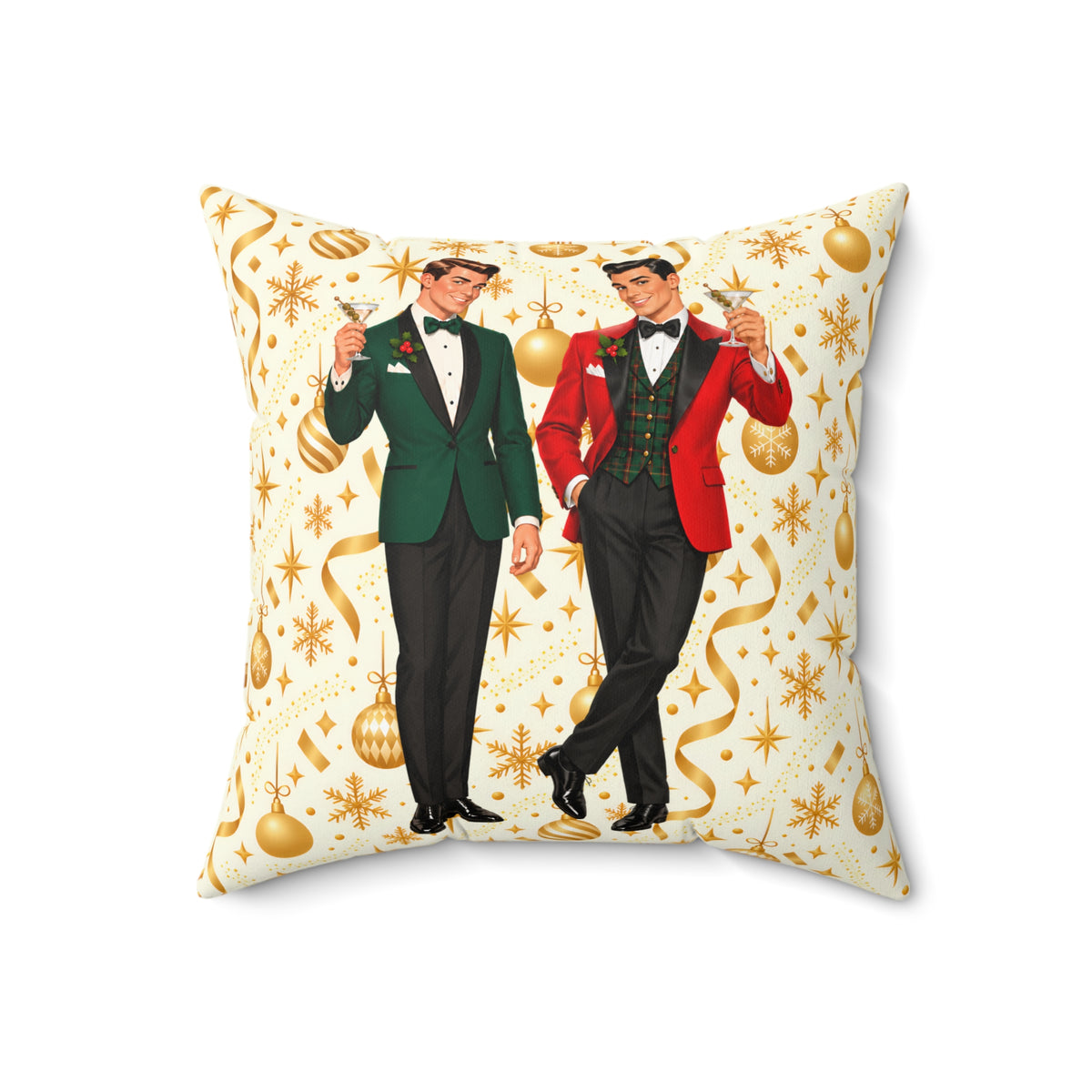 Mid Century Modern Christmas Martini Dapper Gay Male Couple Pillow Cover and Insert