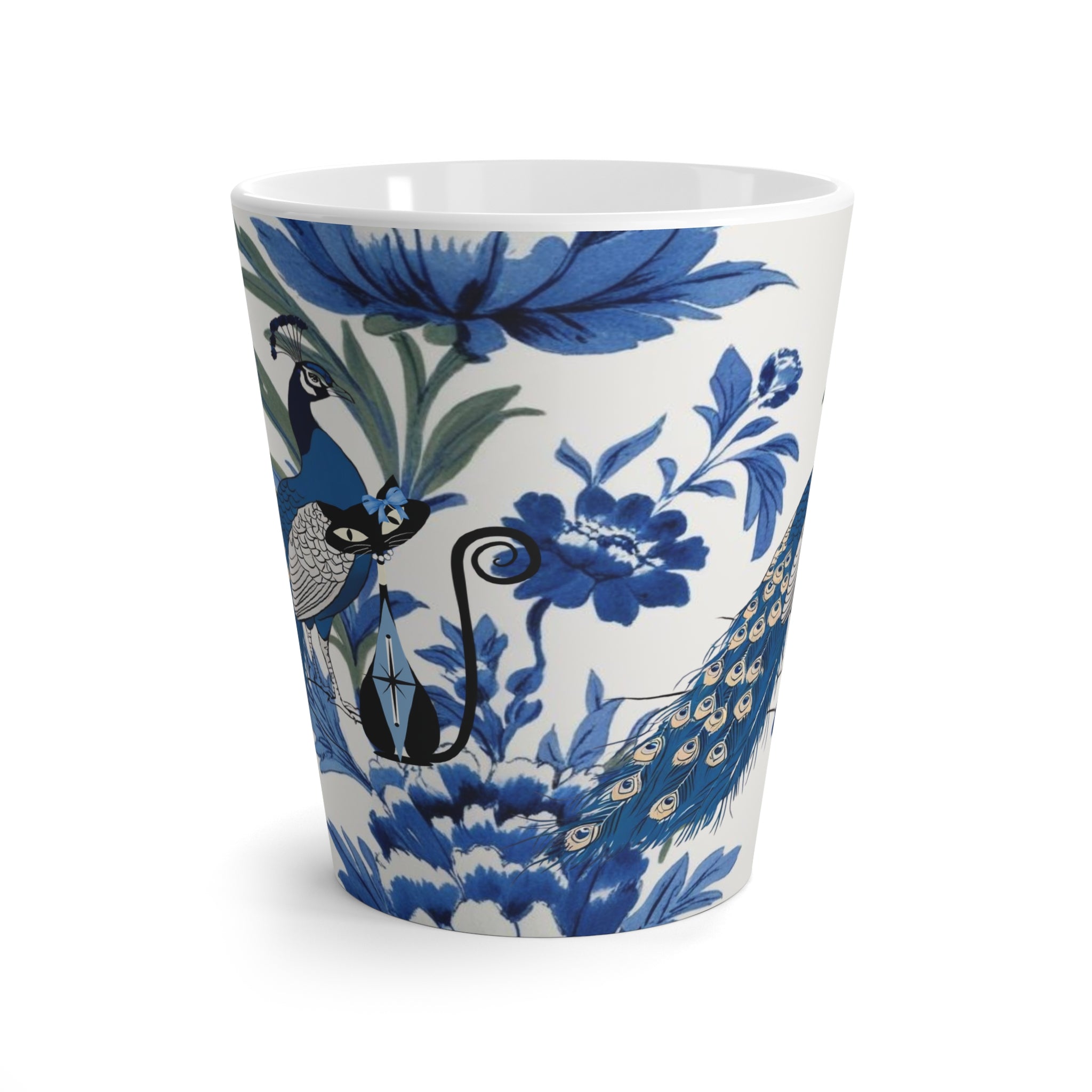 Chinoiserie Elegant Peacock, Atomic Cat Black Cat Lover, Latte Mug - Artistic Blue Floral Design - Mid Century Modern Gal
