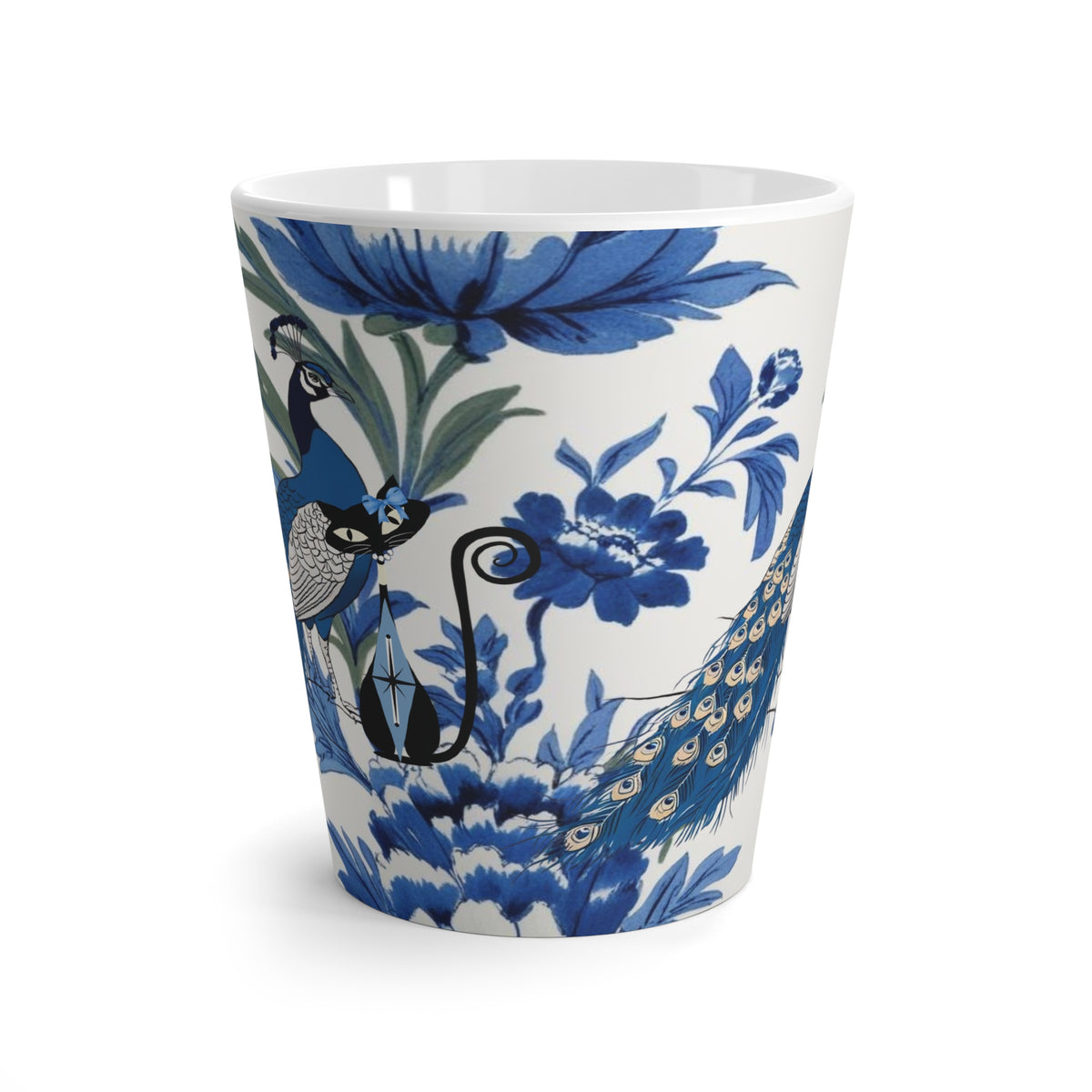 Chinoiserie Elegant Peacock, Atomic Cat Black Cat Lover, Latte Mug - Artistic Blue Floral Design - Mid Century Modern Gal