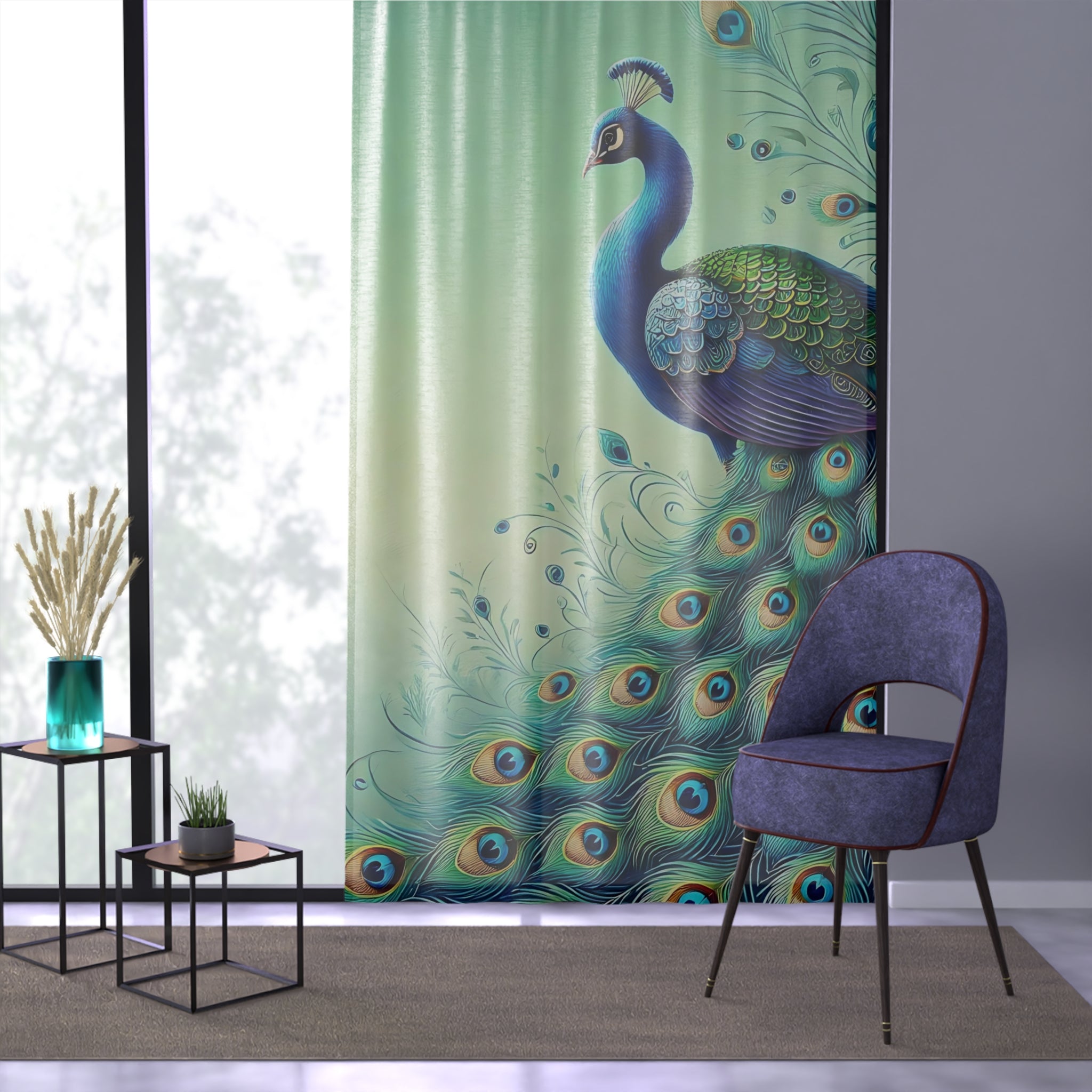 Chinoiserie Elegant Green Peacock Eye Feathers Modern Sheer Curtain Panel - Mid Century Modern Gal