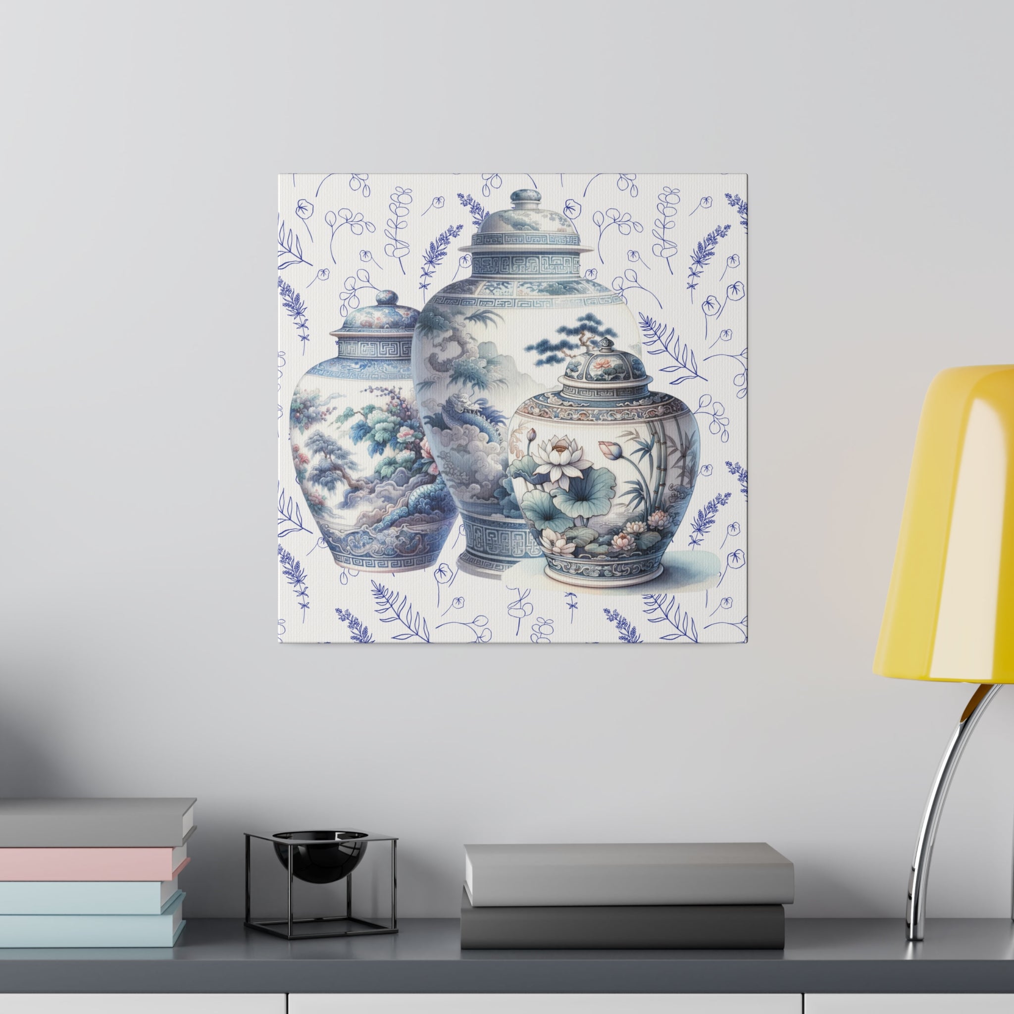 Chinoisere Wall Art, Set Of Three Ginger Jars In Watercolor, Pastels, Southern Home Living, Matte Canvas - Mid Century Modern Gal
