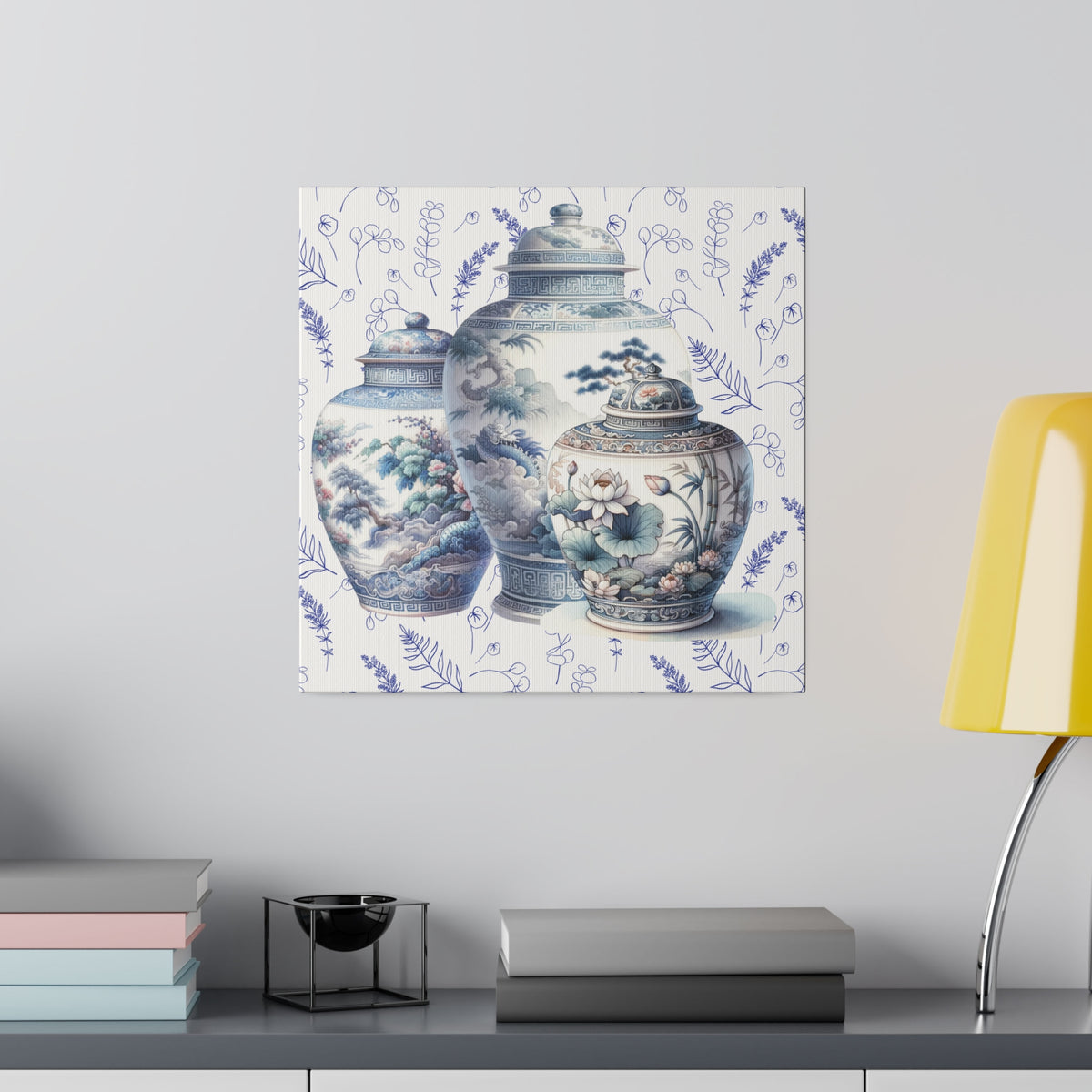 Chinoisere Wall Art, Set Of Three Ginger Jars In Watercolor, Pastels, Southern Home Living, Matte Canvas - Mid Century Modern Gal