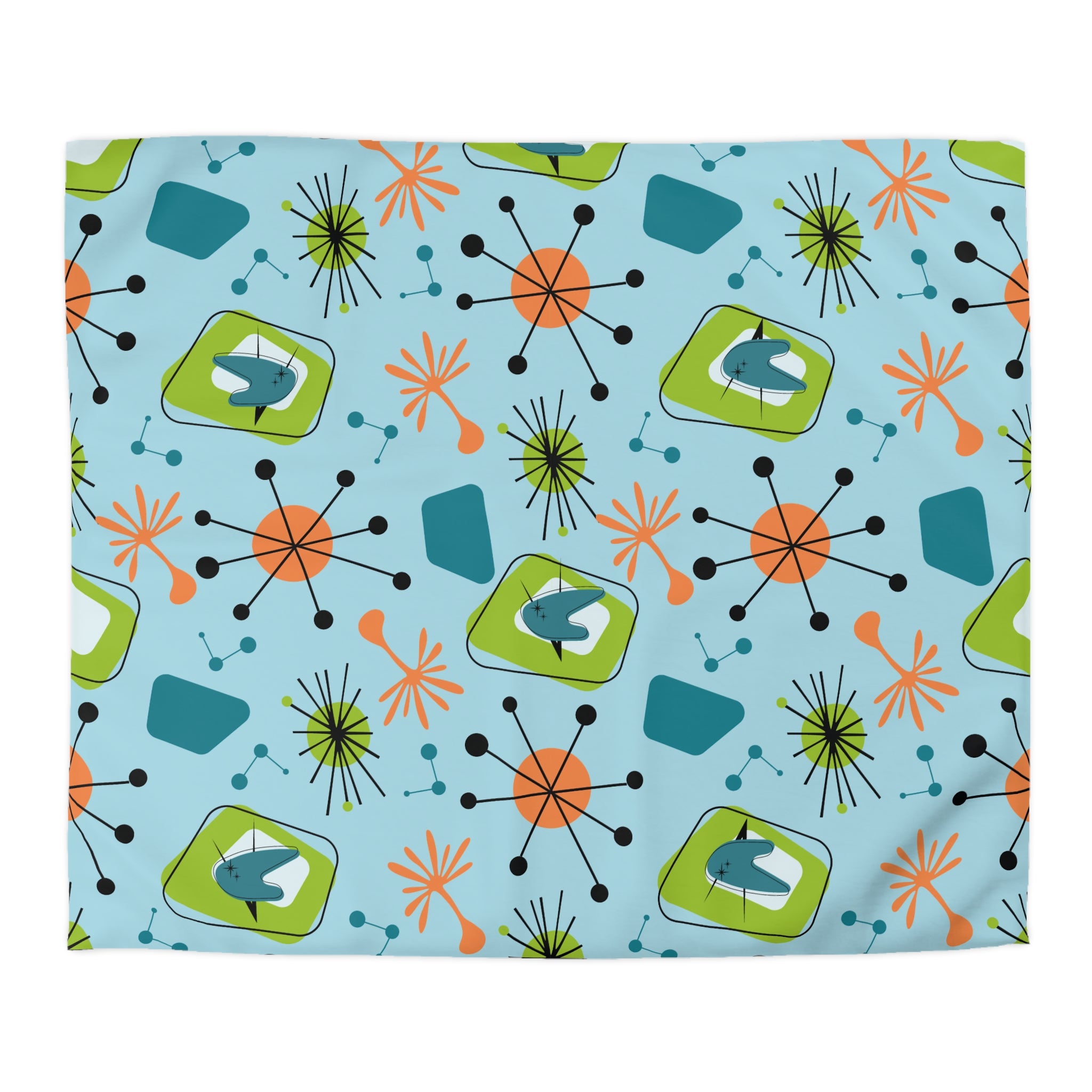Mid Century Modern Duvet Cover, Atomic Starbursts Boomerangs, Orange, Blue, Green Duvet Cover - Mid Century Modern Gal