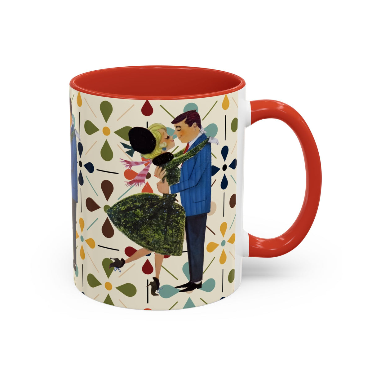 Mid Century Modern 50s Christmas mug featuring a couple dancing among colorful Scandi flower patterns and a red handle.