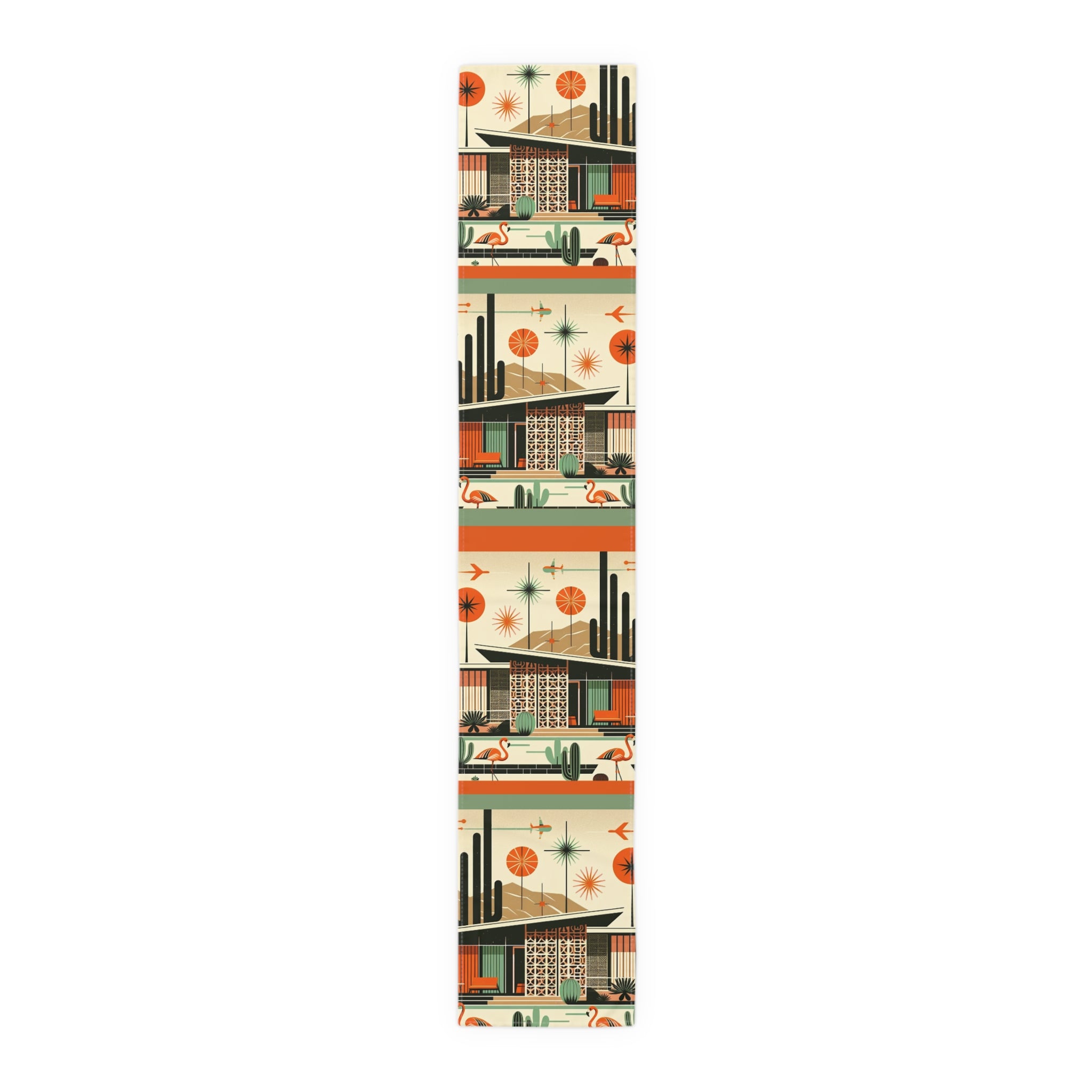 Mid Century Modern Palm Springs Cali, Green, Orange, Breezeblock, Flamingo MCM Home Table Runner - Mid Century Modern Gal