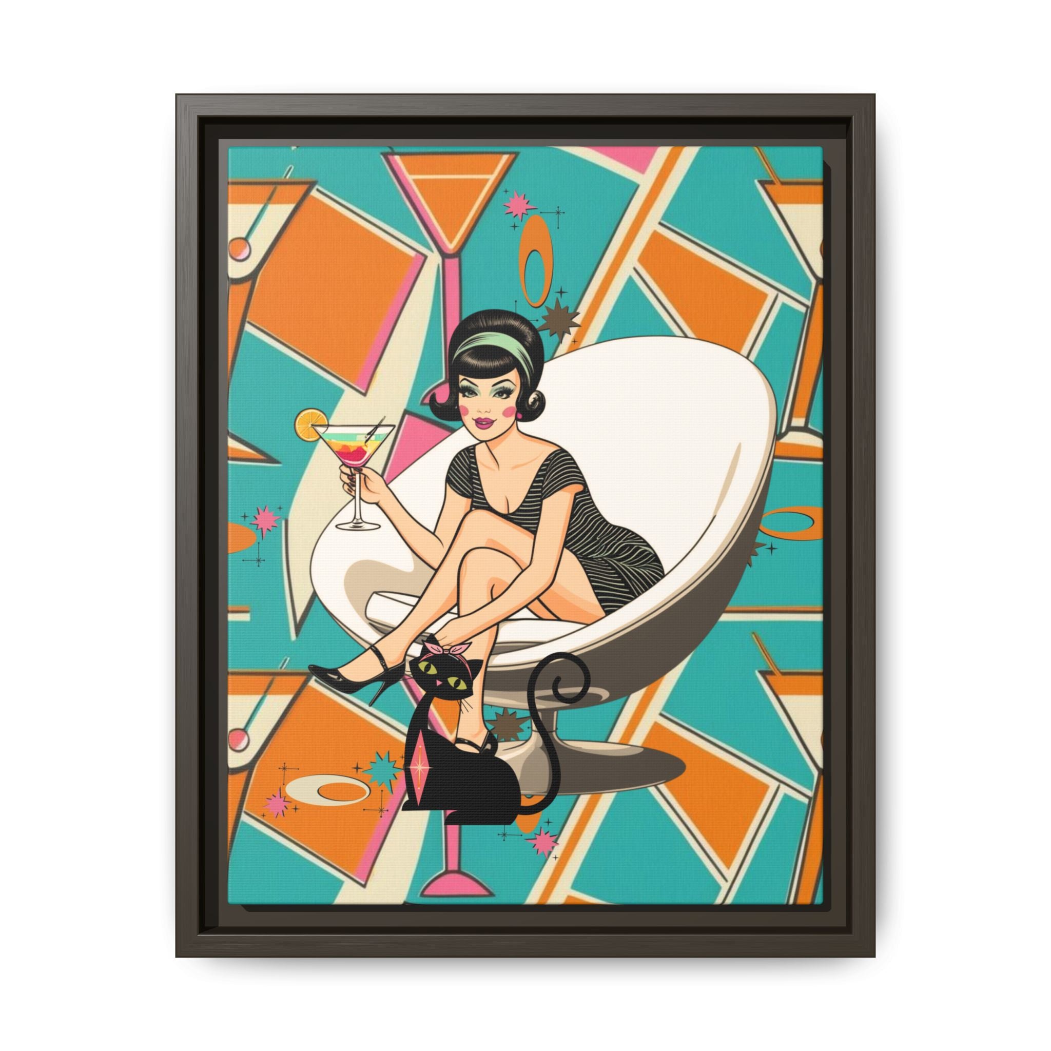 Mid Mod 60s Gal, Atomic Cat Barware Wall Art - Framed Matte Canvas with Vintage Cocktail And Retro Cat Design - Mid Century Modern Gal