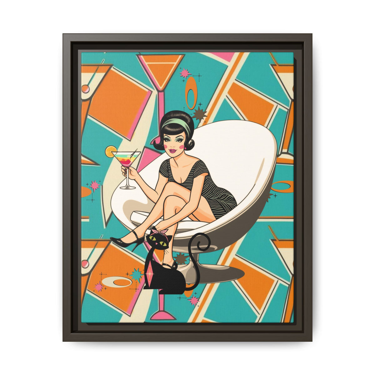Mid Mod 60s Gal, Atomic Cat Barware Wall Art - Framed Matte Canvas with Vintage Cocktail And Retro Cat Design - Mid Century Modern Gal