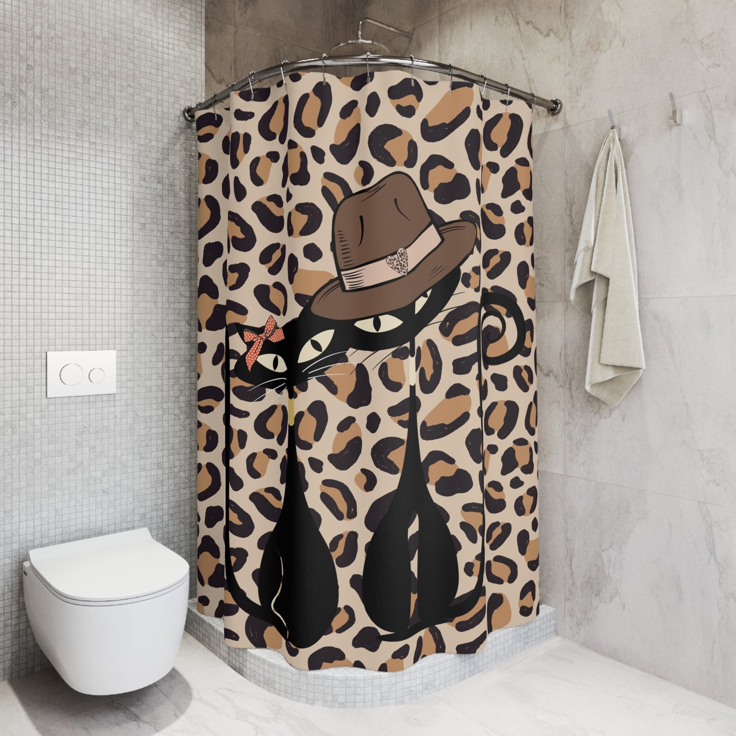 Atomic Cat Mid Century Modern Leopard Print, Mod Couple, Kitschy 50s Shower Curtain - Mid Century Modern Gal