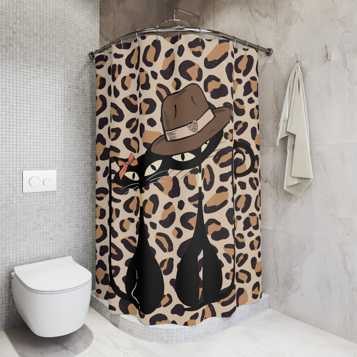 Atomic Cat Mid Century Modern Leopard Print, Mod Couple, Kitschy 50s Shower Curtain - Mid Century Modern Gal
