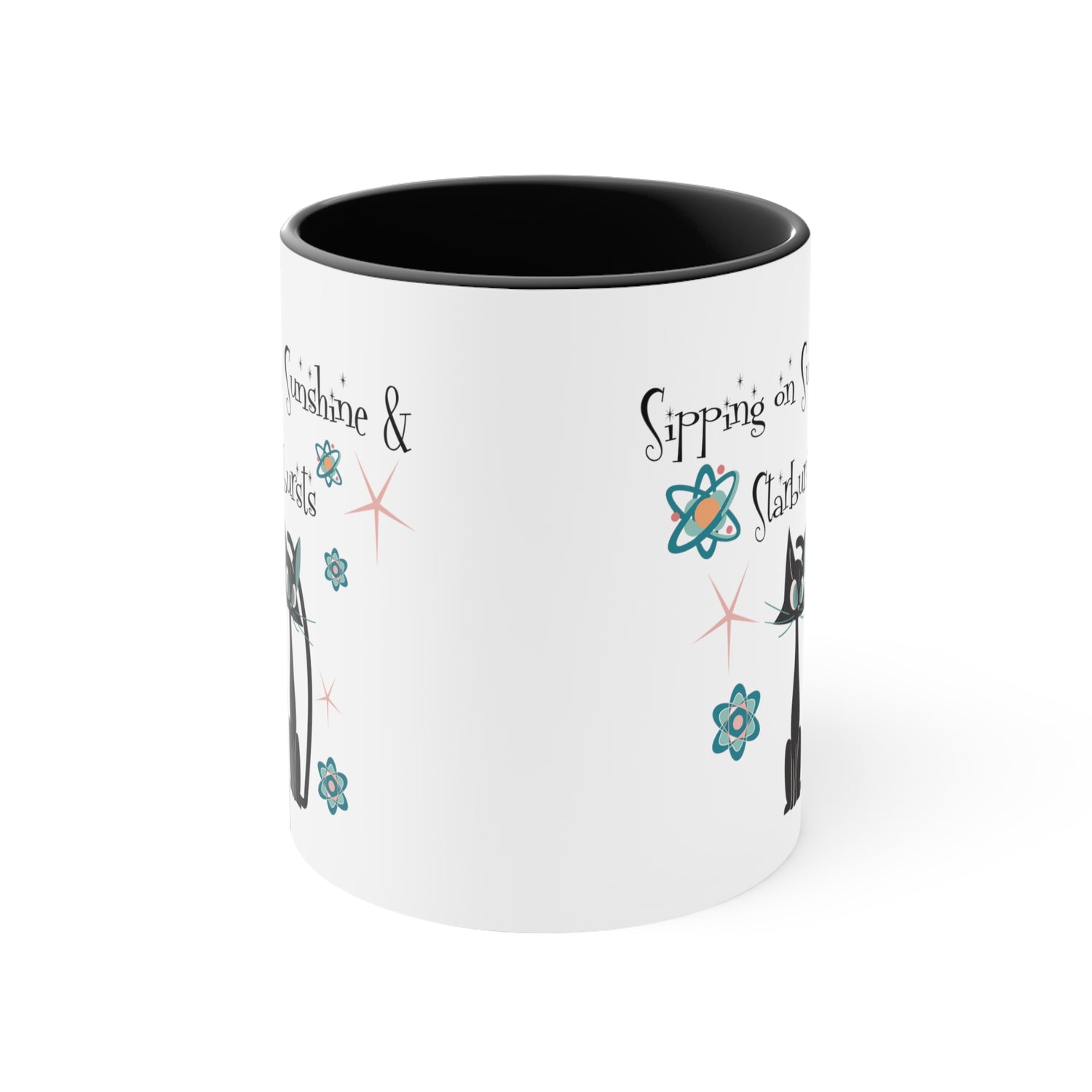 Atomic Cat Coffee Mug, Sipping On Sunshine, Mid Century Modern Style, Atoms, Starbursts Gifts For Couples, Mom, Mid Mod Friend - Mid Century Modern Gal