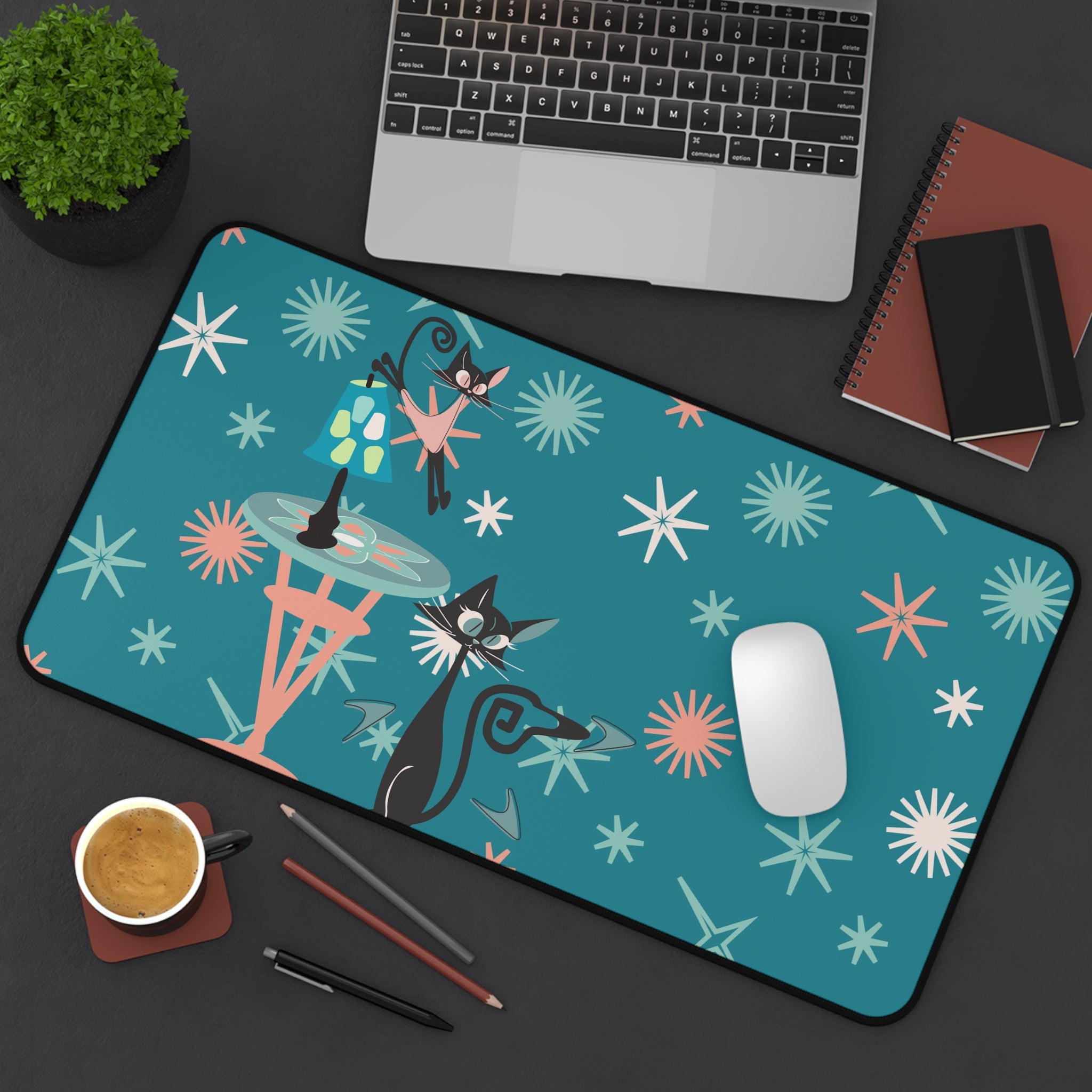 Atomic Cat Desk Mat, Kitschy Cute, Teal, Pink Starburst Mid Century Modern Office Decor - Mid Century Modern Gal