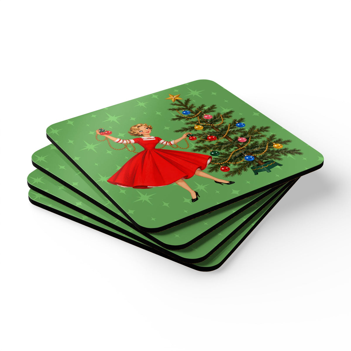 Mid Century Modern Gal Decorating Christmas Tree, Green Atomic Starbursts Corkwood Coaster Set